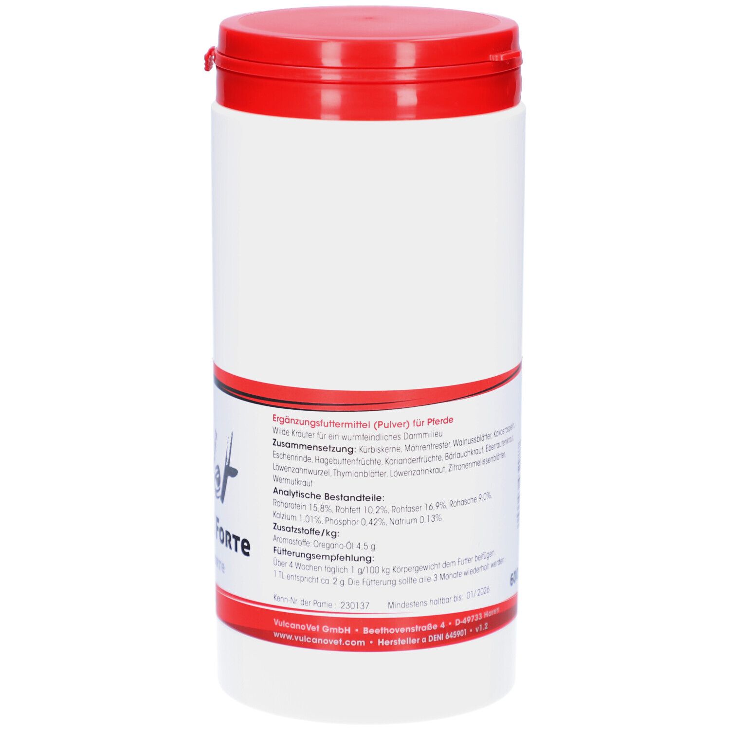 Weiße Dose mit rotem Deckel. Aufkleber mit Produktinformationen, Inhaltsstoffen und Fütterungsempfehlung.