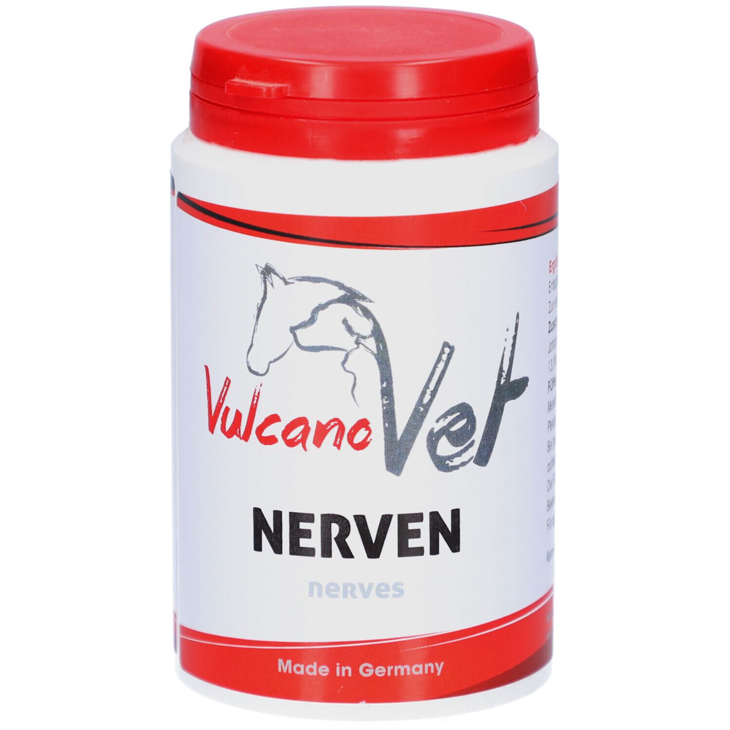Weiß-rote Dose mit Produktnamen und Logo. Aufschrift 'Nerven'. Hergestellt in Deutschland.