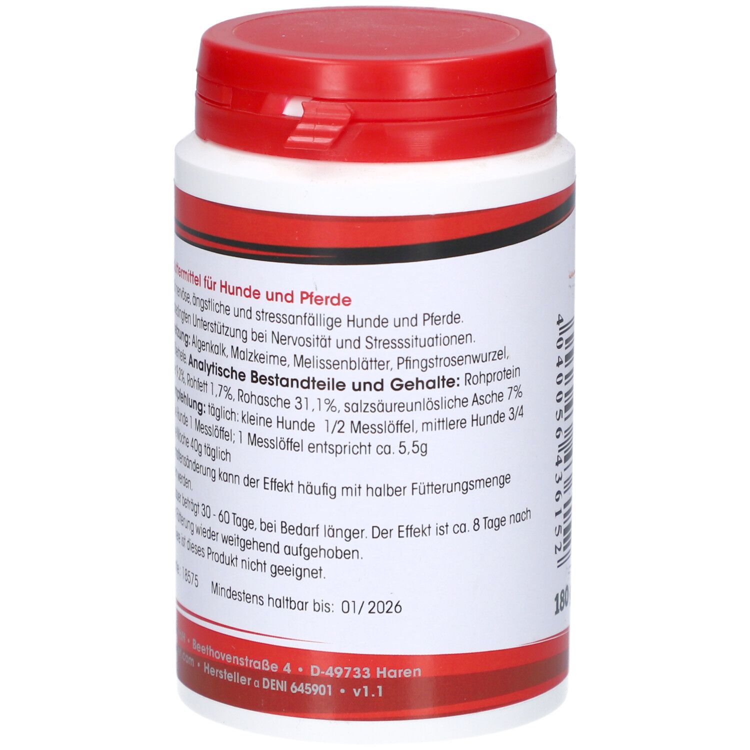 Dose mit rotem Deckel. Text mit Inhaltsstoffen und Anwendungshinweisen. Mindesthaltbarkeit 01/2026.