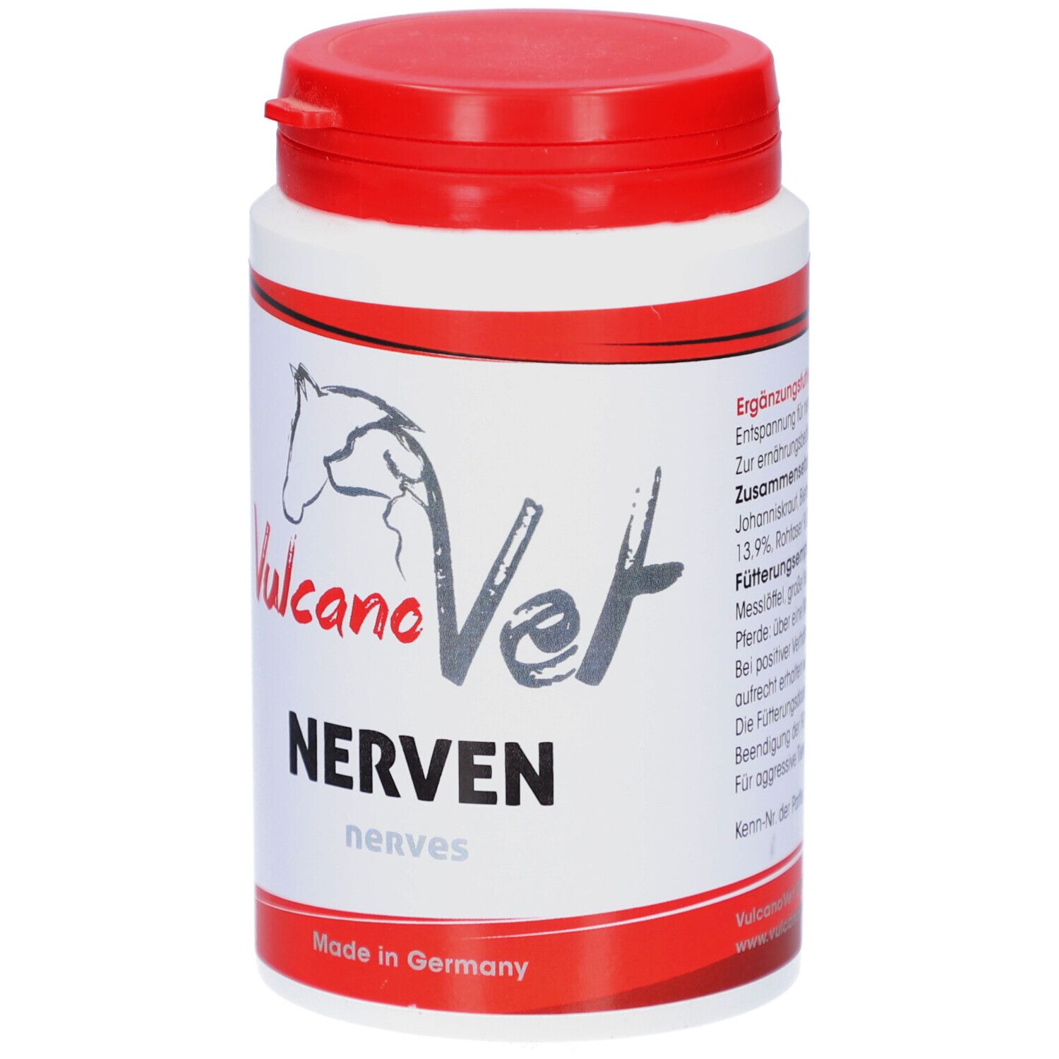 Weiß-rote Dose mit Produktnamen und Logo. Aufschrift 'Nerven'. Hergestellt in Deutschland.