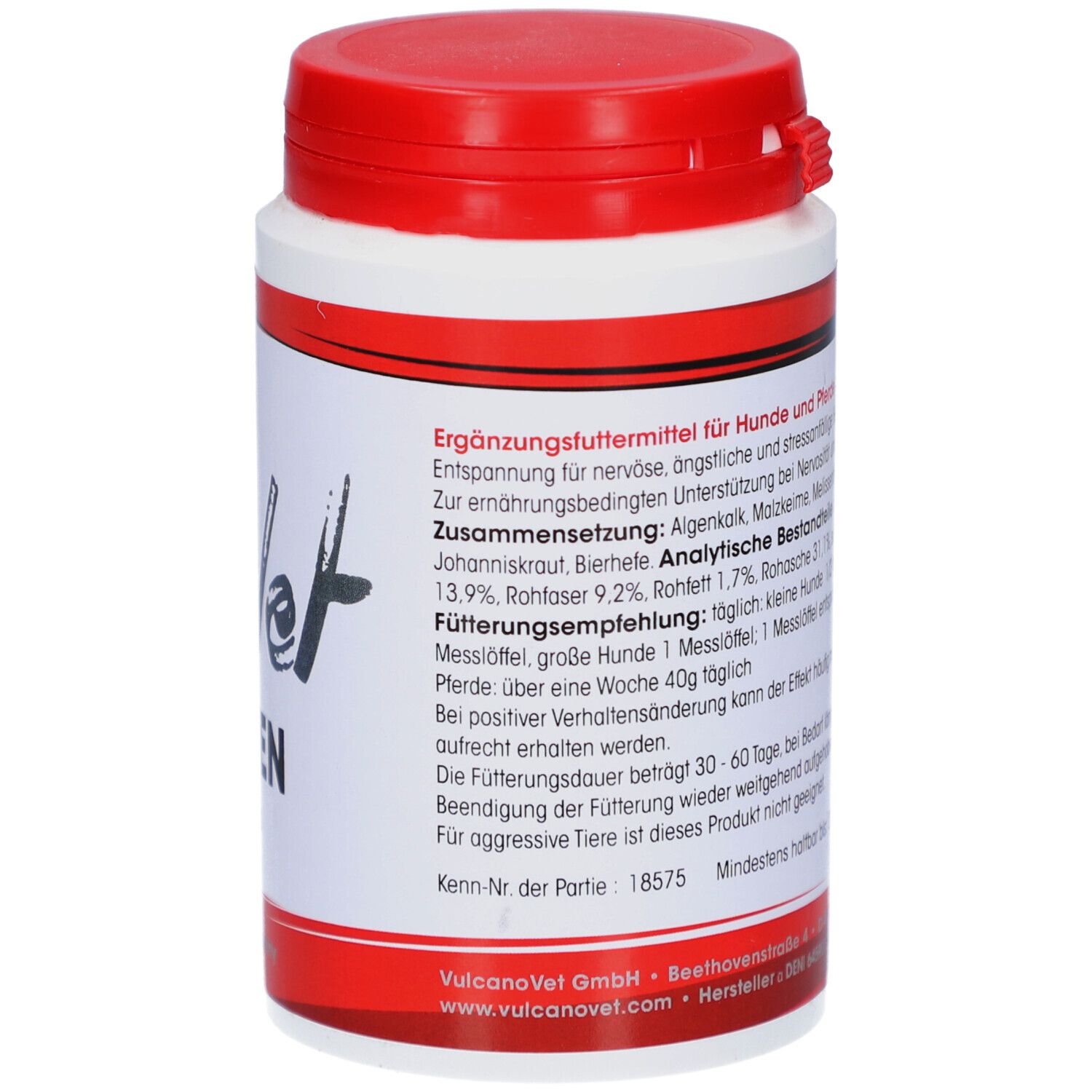 Rückseite der Dose mit Text. Enthält Inhaltsstoffe und Fütterungsempfehlung. Mindesthaltbarkeit angegeben.