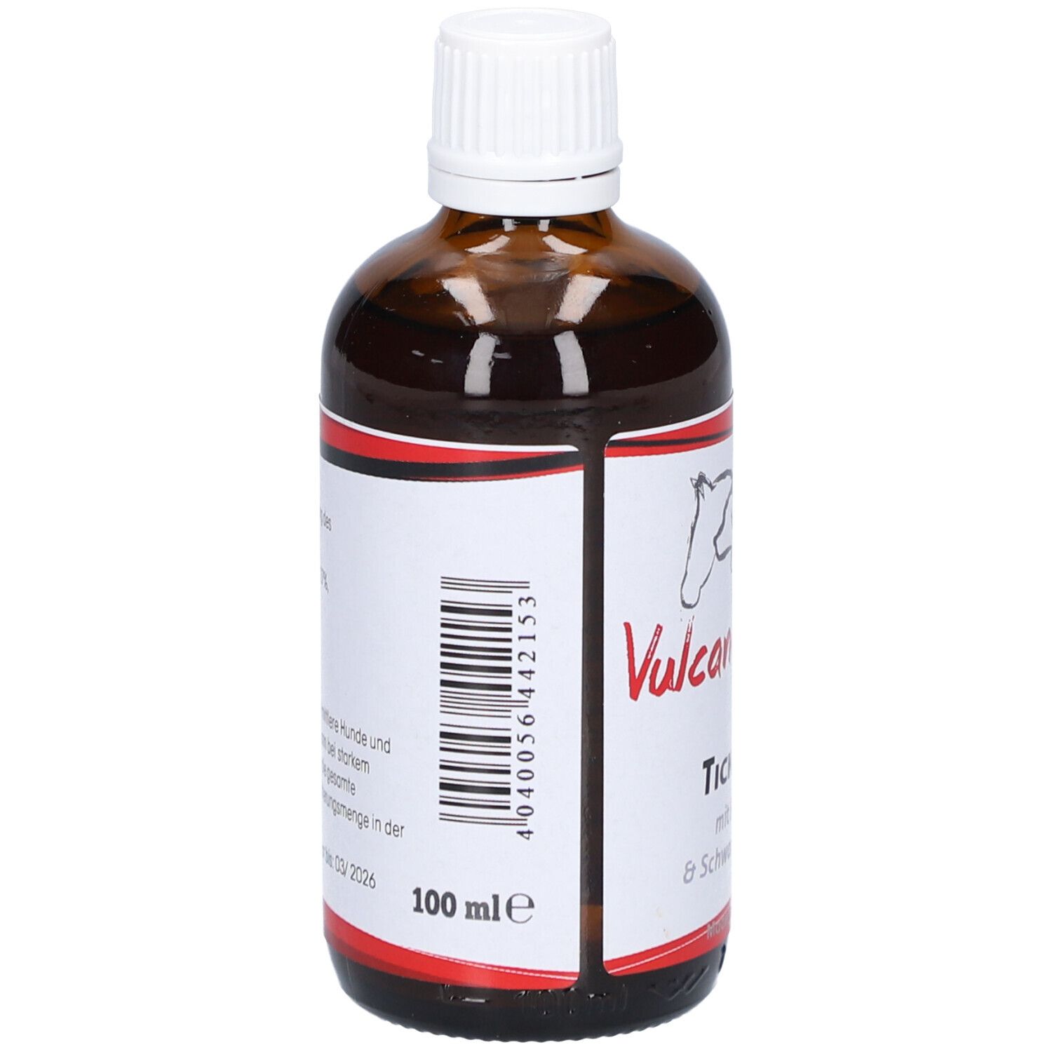 Braune Glasflasche mit weißem Deckel. Etikett mit Barcode und Text. 100 ml.