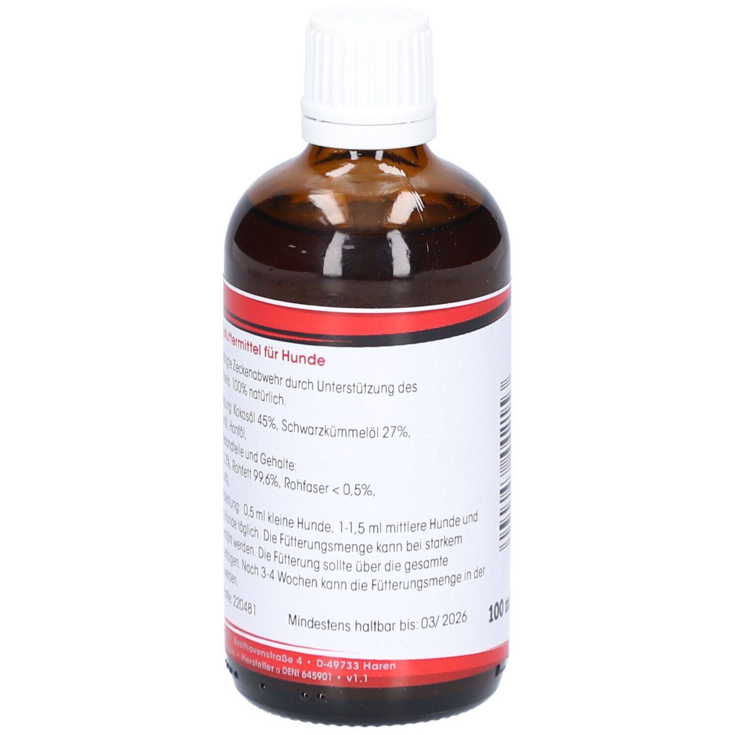 Braune Glasflasche mit weißem Deckel. Etikett mit Produktinformationen und Text. Mindestens haltbar bis 03/2026. 100 ml.