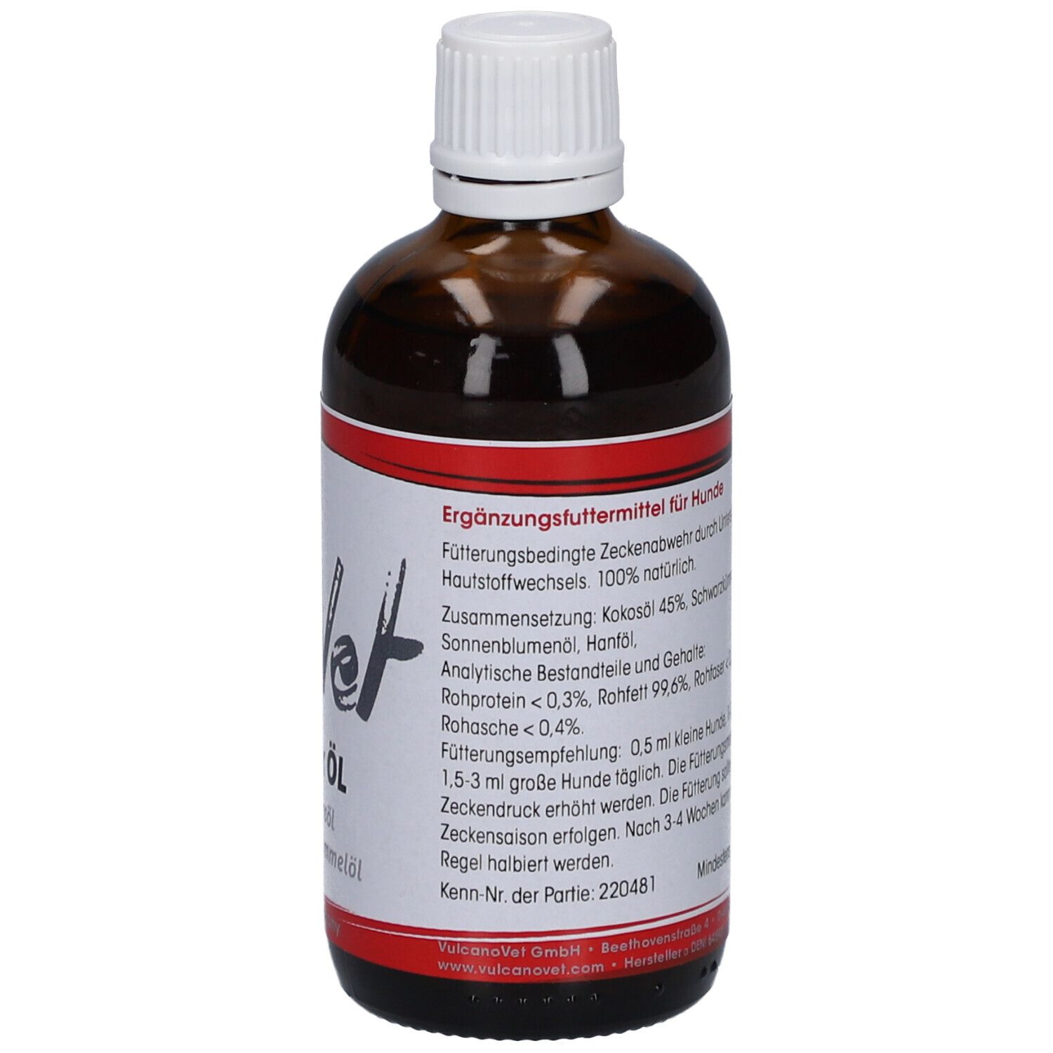 Braune Glasflasche mit weißem Deckel. Etikett mit Produktinformationen und Text.