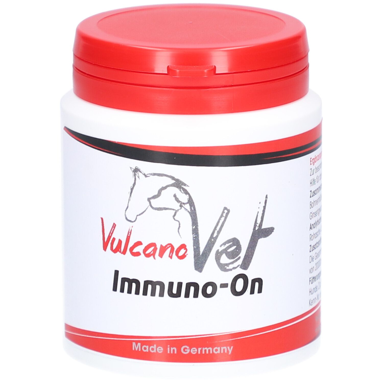 Weiß-rote Dose mit "VulcanoVet Immuno-On". Pferdekopf-Logo. "Made in Germany".