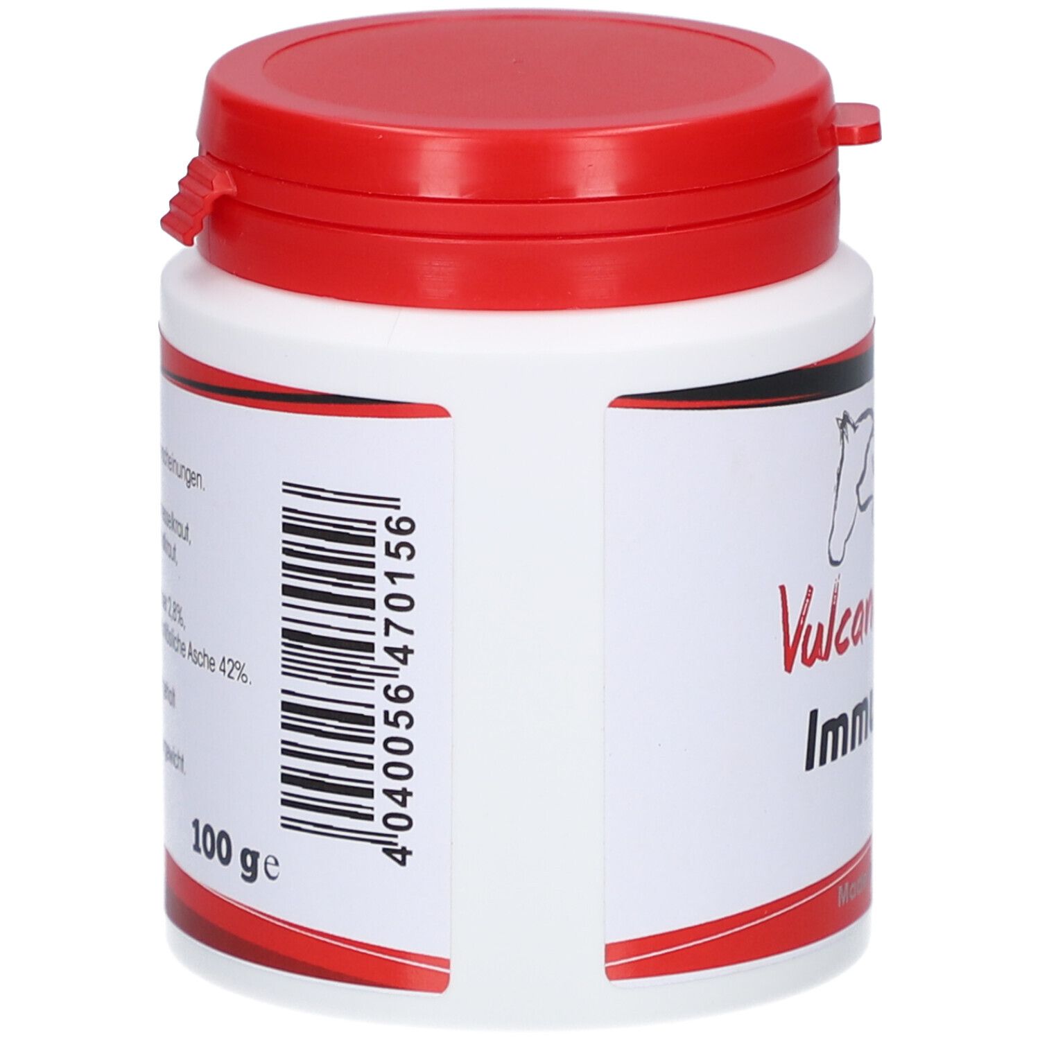 Weiße Dose mit rotem Deckel. Barcode und "100 ge". "VulcanoVet Immuno-On" auf der Seite.