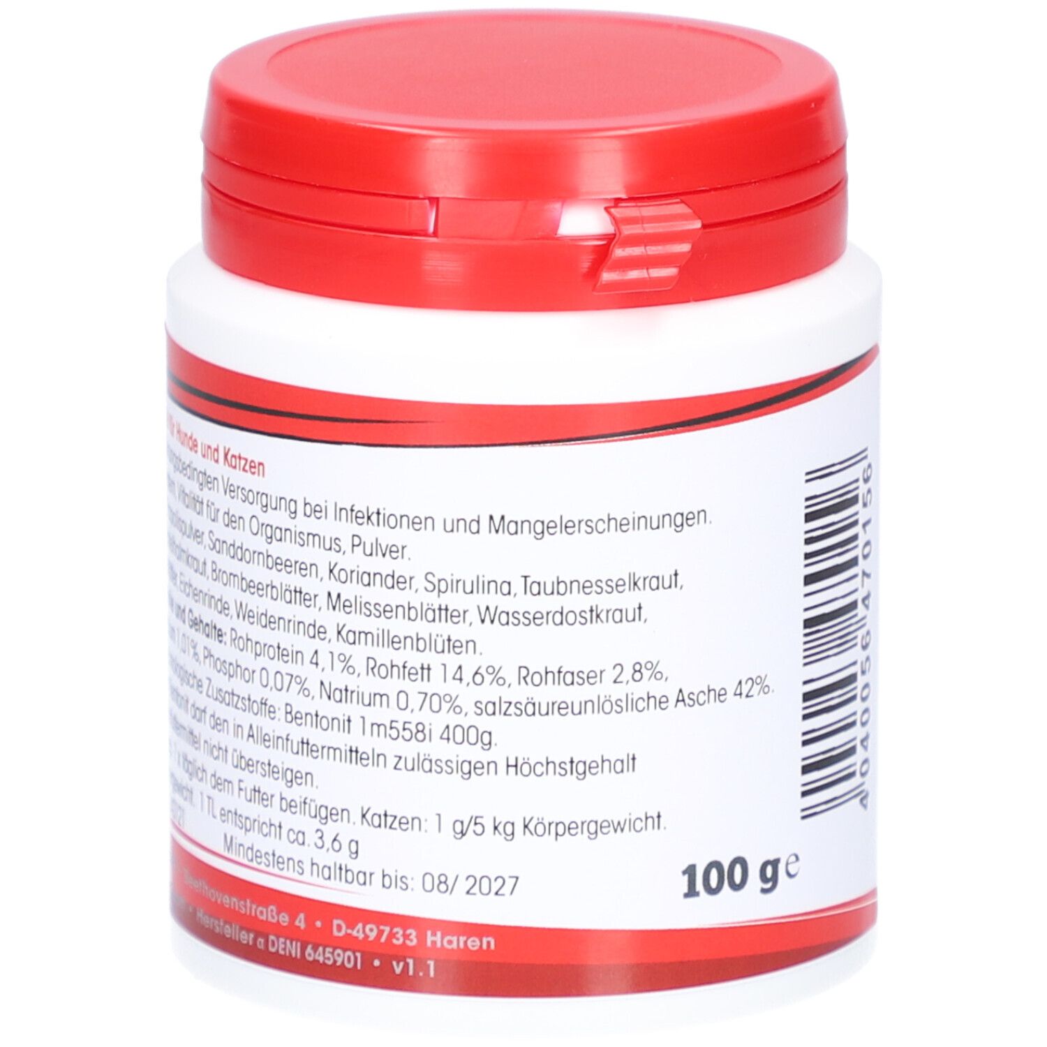 Weiße Dose mit rotem Deckel. Text mit Inhaltsstoffen und Nährwertangaben. "100 ge". Haltbarkeit bis 08/2027.