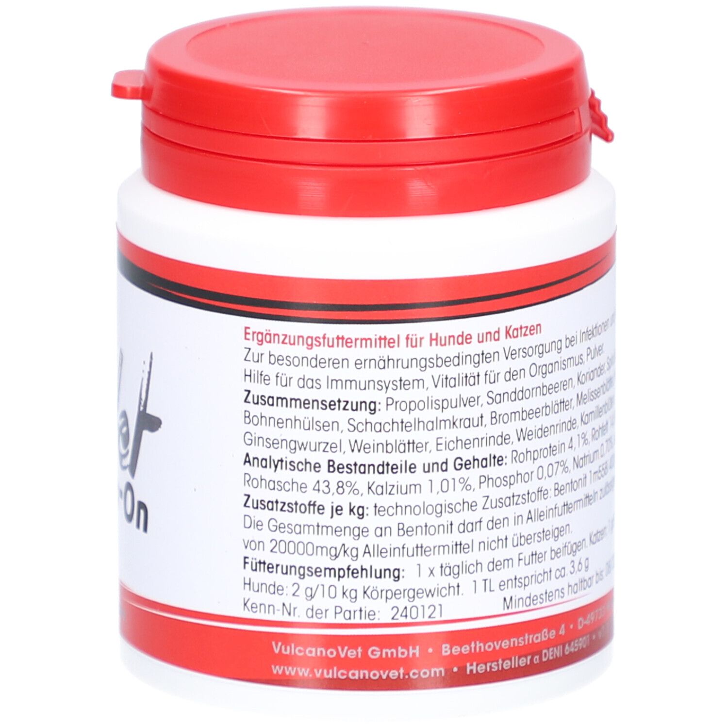 Weiße Dose mit rotem Deckel. Text mit Inhaltsstoffen und Fütterungsempfehlung. "VulcanoVet Immuno-On".