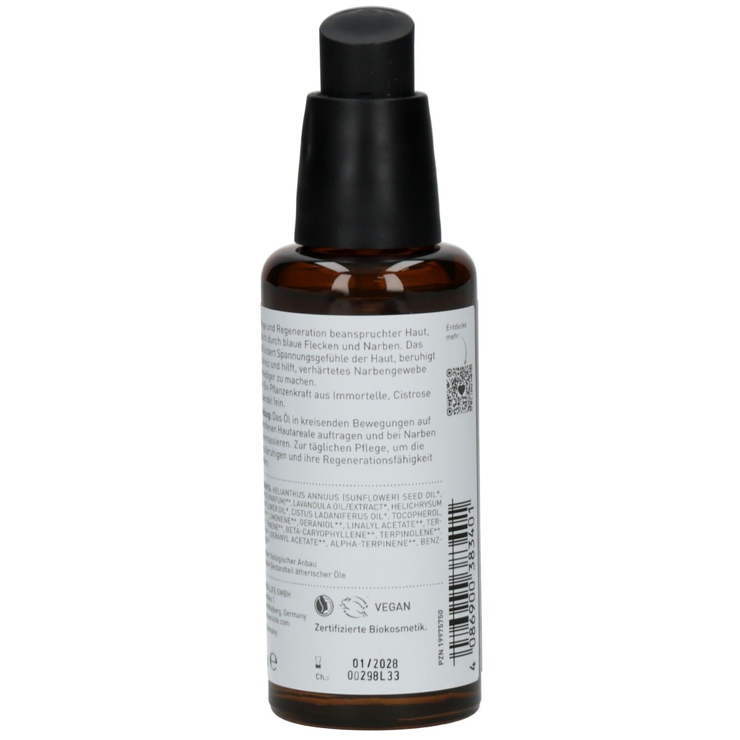 Braune Glasflasche, Rückseite. Etikett mit Text, Inhaltsstoffen, Vegan-Logo und Zertifizierungen. Produktionsdatum.