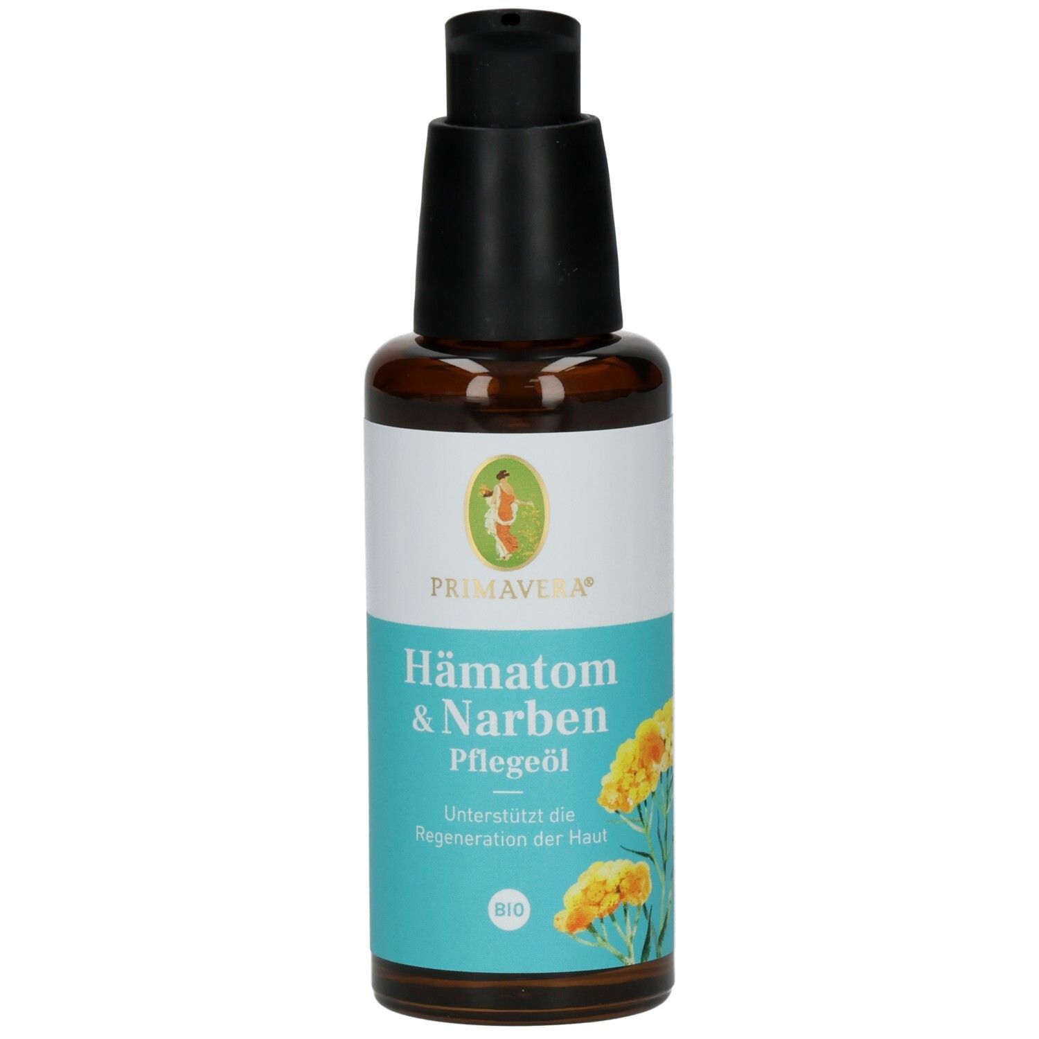 Braune Glasflasche mit schwarzem Pumpkopf. Etikett mit Produktnamen, Logo und floralem Design. BIO-Zertifizierung.