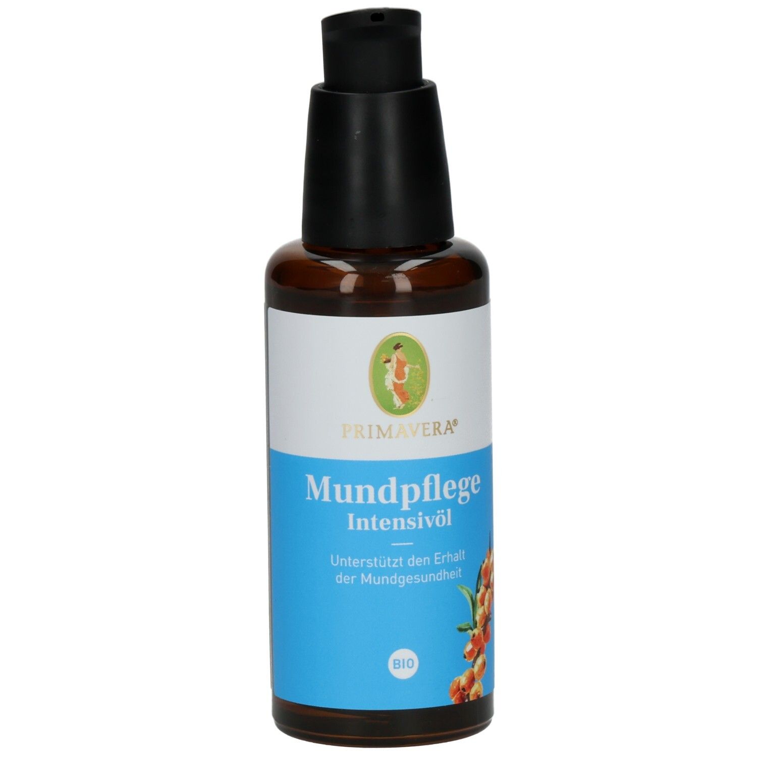 Braune Glasflasche mit schwarzem Pumpkopf. Etikett mit Produktnamen und Logo. BIO-Zertifizierung.