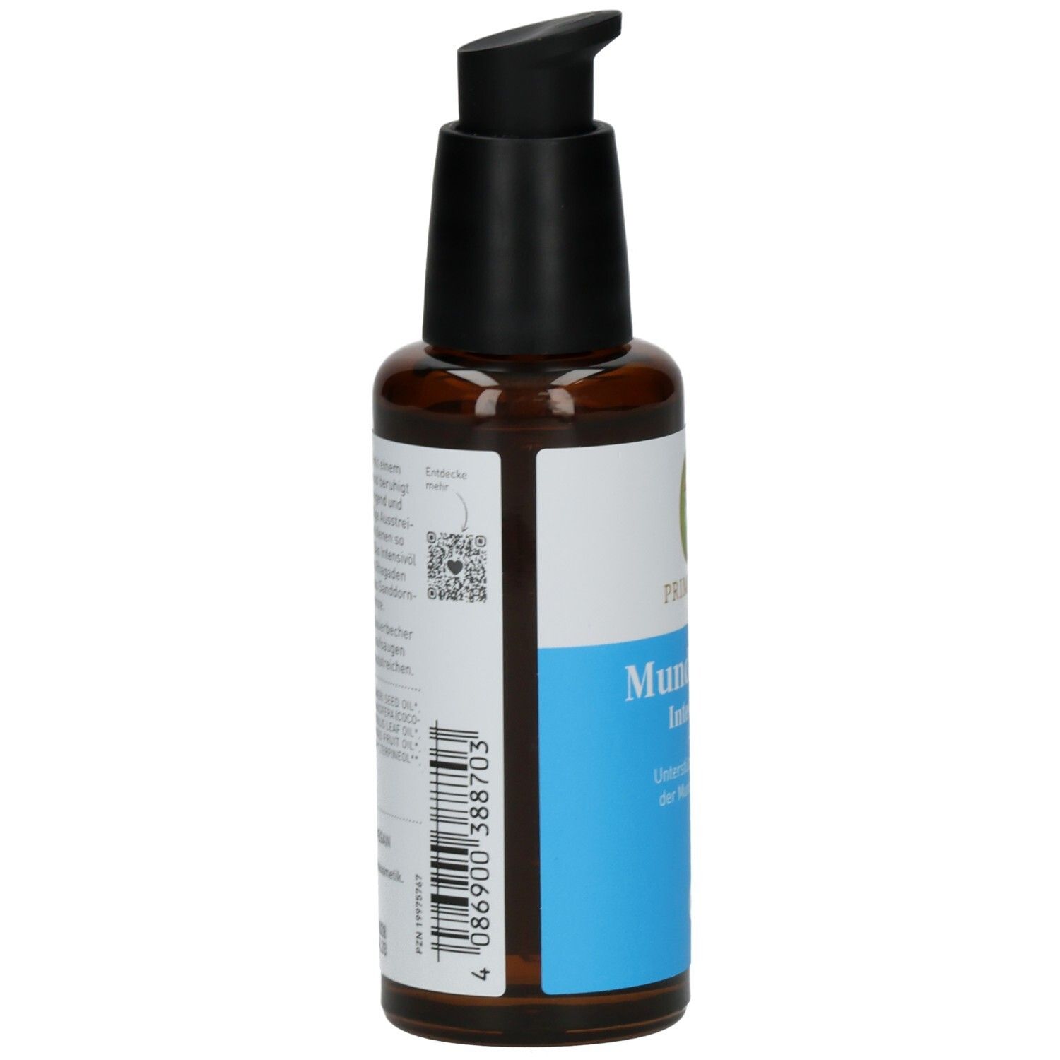 Braune Glasflasche mit schwarzem Pumpkopf. Etikett mit Barcode und Text. Rückansicht.