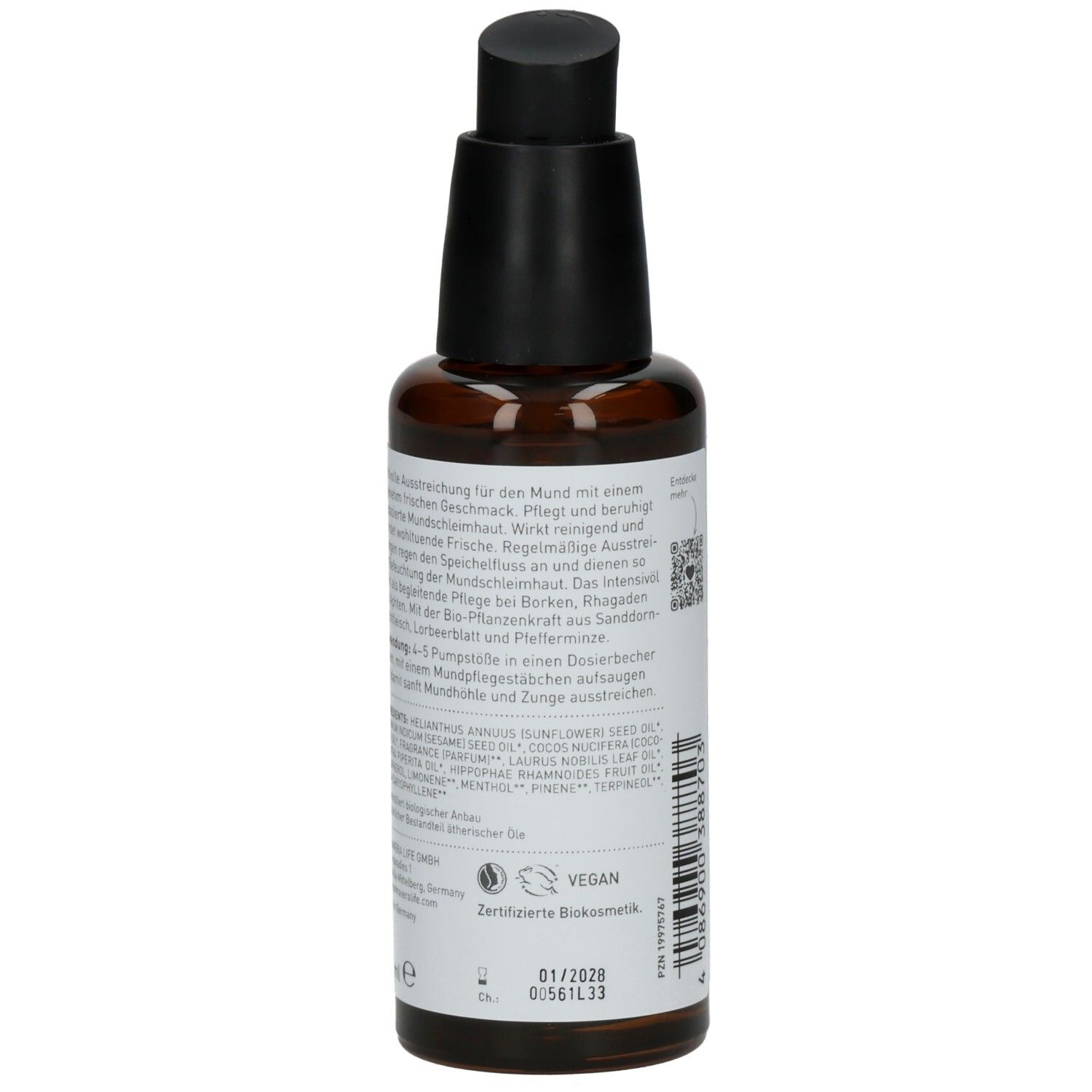 Braune Glasflasche mit schwarzem Pumpkopf. Etikett mit Inhaltsstoffen und Zertifizierungen. Vegan.