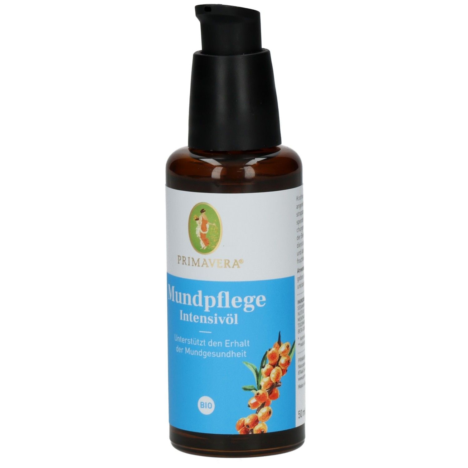 Braune Glasflasche mit schwarzem Pumpkopf. Etikett mit Produktnamen und Logo. BIO-Zertifizierung.