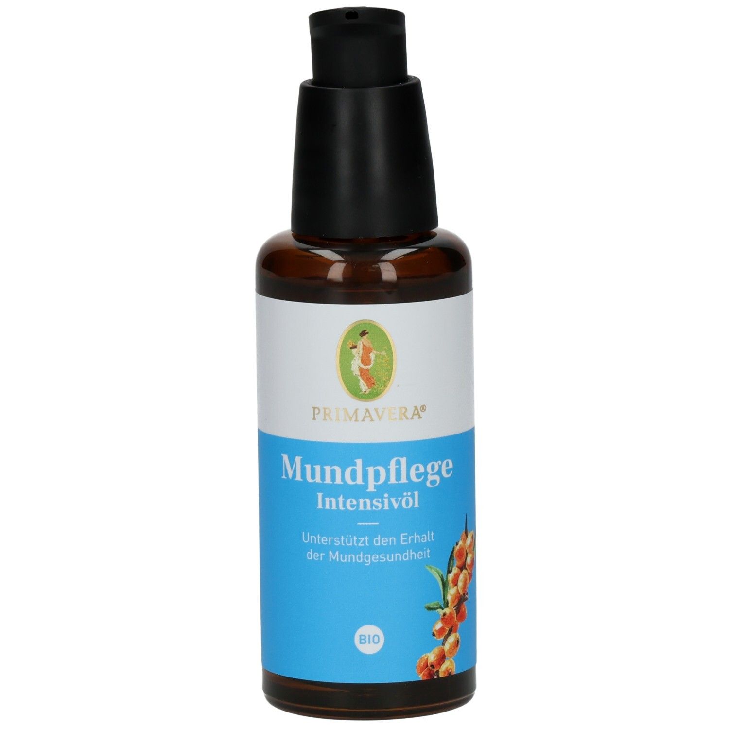 Braune Glasflasche mit schwarzem Pumpkopf. Etikett mit Produktnamen und Logo. BIO-Zertifizierung.