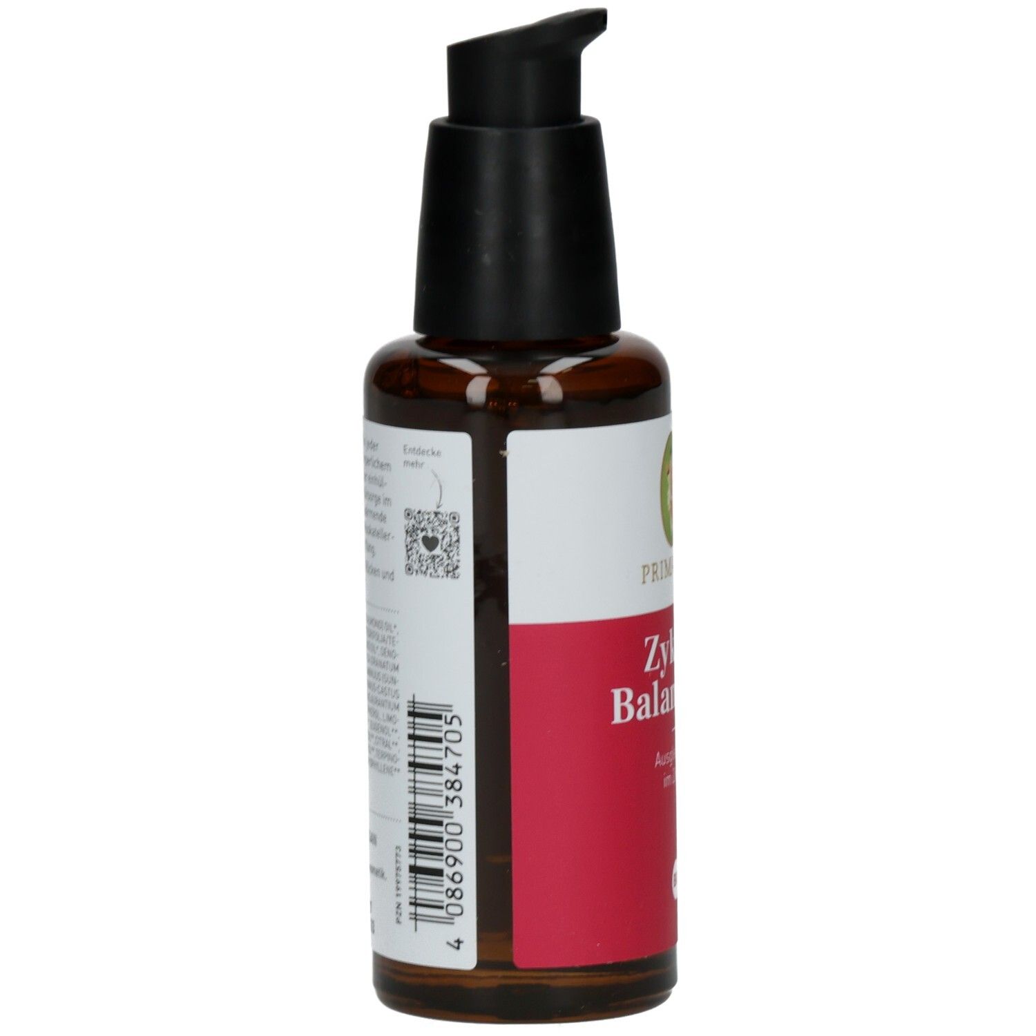 Braune Glasflasche mit schwarzem Pumpkopf. Auf der Rückseite Etikett mit Barcode und Text. Produktname teilweise sichtbar.