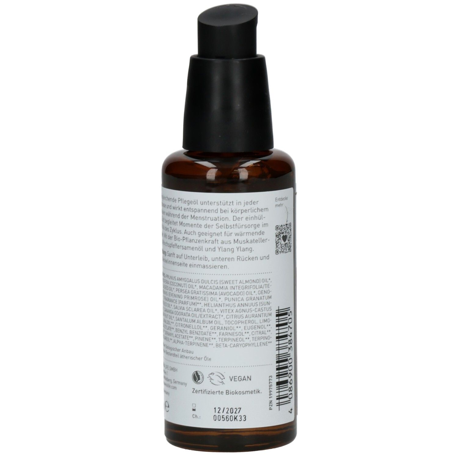 Braune Glasflasche mit schwarzem Pumpkopf. Rückseite mit Text und Vegan-Siegel. Produktname nicht sichtbar.