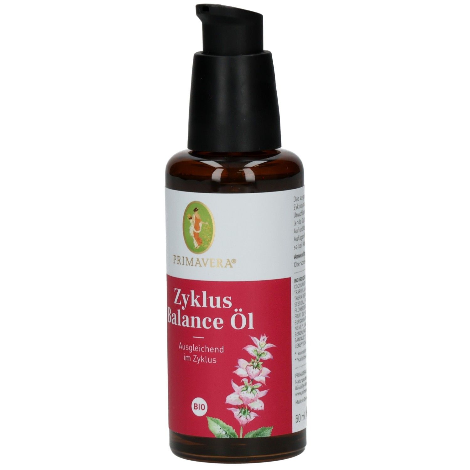Braune Glasflasche mit schwarzem Pumpkopf. Aufschrift: ZYKLUS Balance Öl. Roter Hintergrund mit floralem Motiv und Logo.
