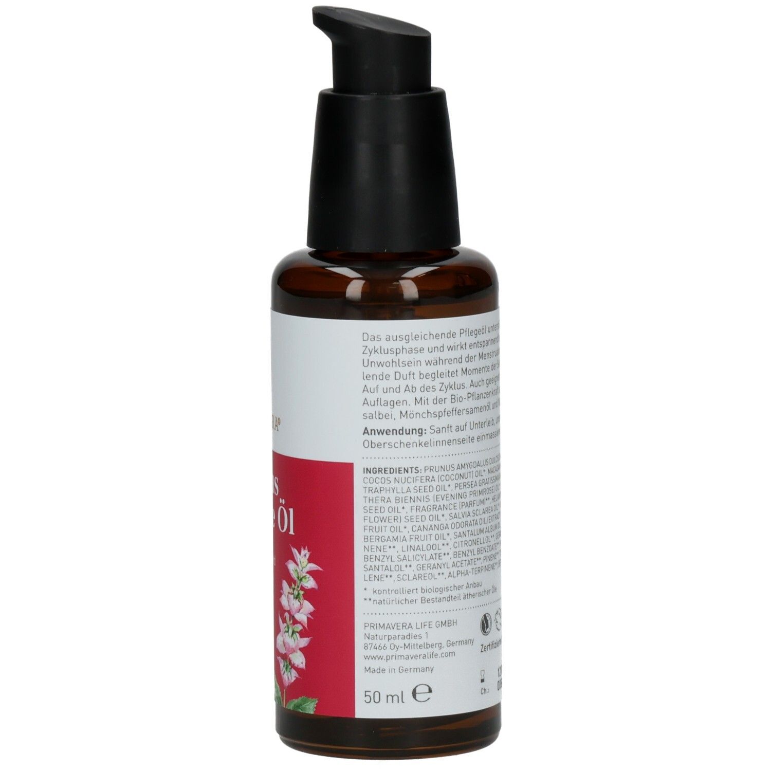 Braune Glasflasche mit schwarzem Pumpkopf. Rückseite mit Text und Inhaltsstoffen. Produktname teilweise sichtbar.