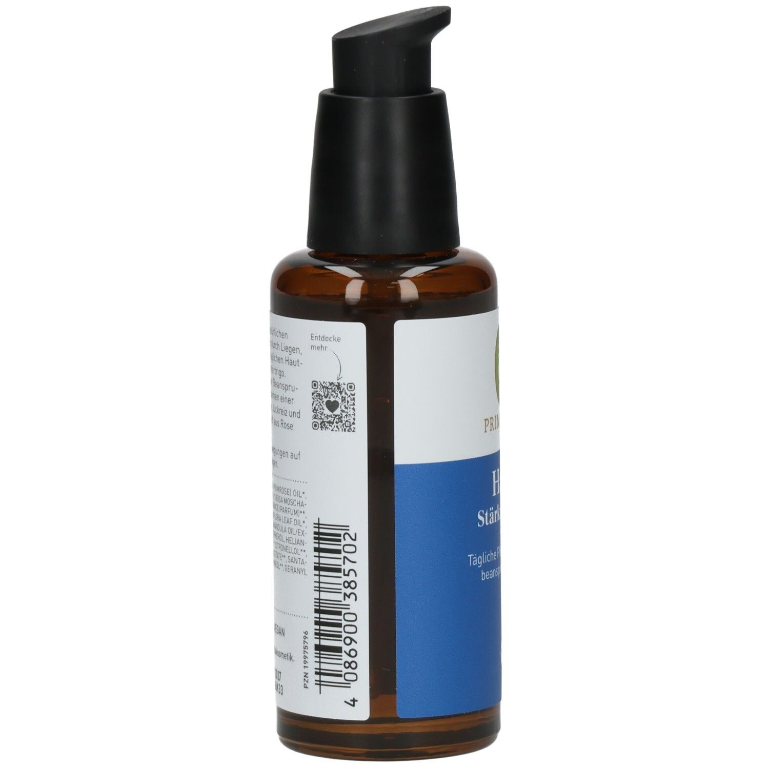 Braune Glasflasche, Seitenansicht. Etikett mit Text, Barcode und QR-Code. Informationen zum Produkt.