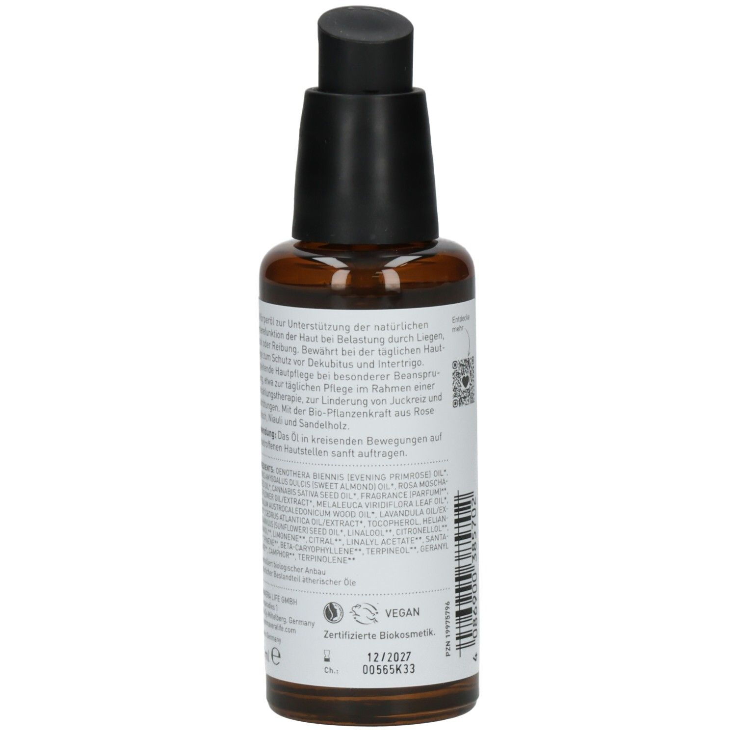 Braune Glasflasche, Rückansicht. Etikett mit Inhaltsstoffen, Zertifizierung und Verfallsdatum. Vegan-Siegel.