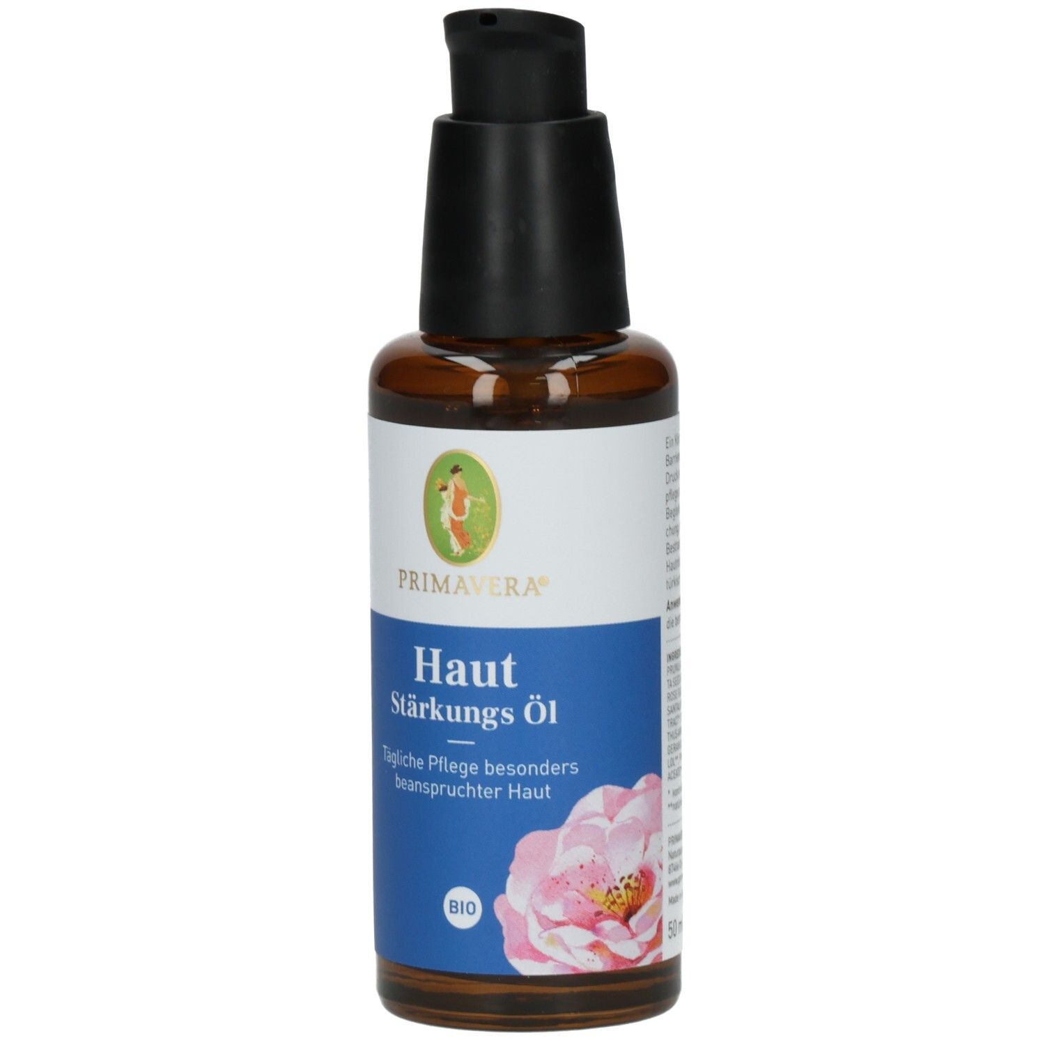 Braune Glasflasche mit schwarzem Pumpkopf. Etikett mit PRIMAVERA® Logo, Produktname und floralem Motiv. BIO-Siegel.