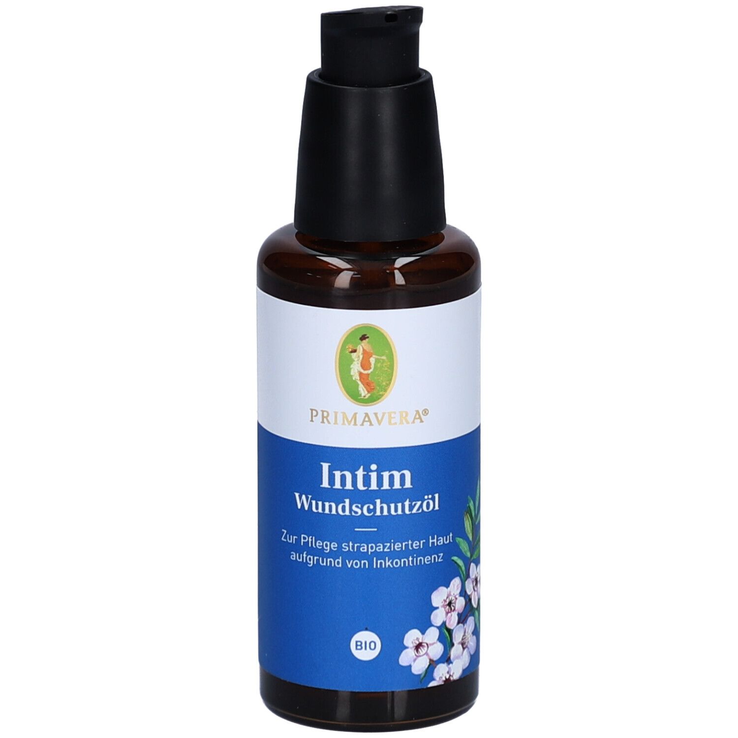 Braune Glasflasche mit schwarzem Pumpkopf. Etikett mit Produktname, Logo und BIO-Zertifizierung.