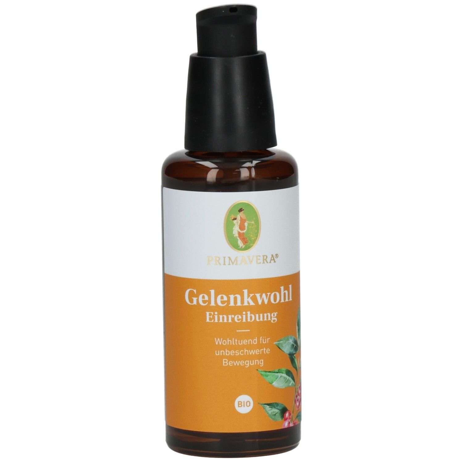 Braune Glasflasche mit schwarzem Pumpkopf. Etikett mit Produktname, Logo und Bio-Siegel. Primavera Gelenkwohl Einreibung.