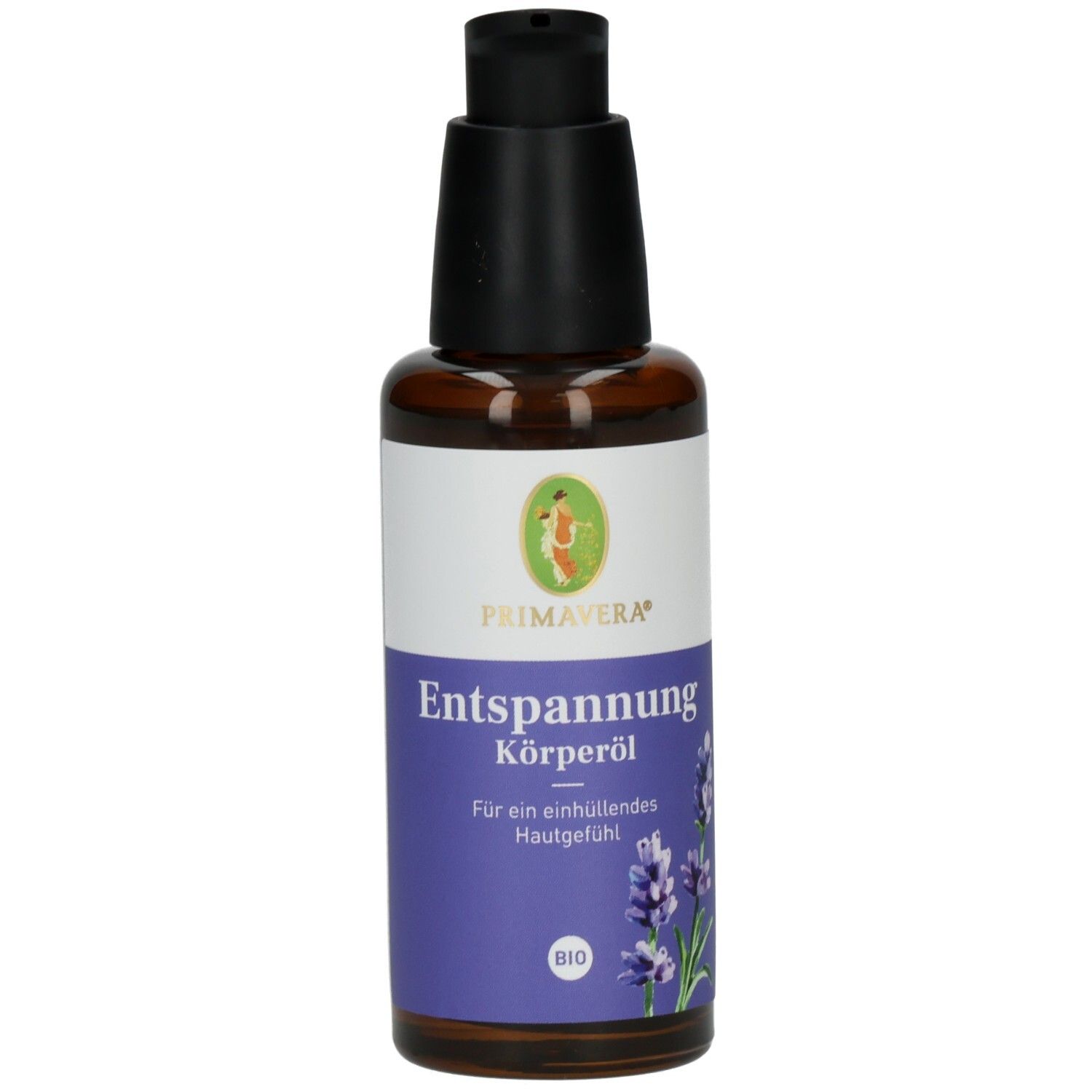 Braune Glasflasche mit schwarzem Pumpkopf. Etikett mit Produktname, Lavendel-Illustration und Bio-Siegel. Primavera Logo.