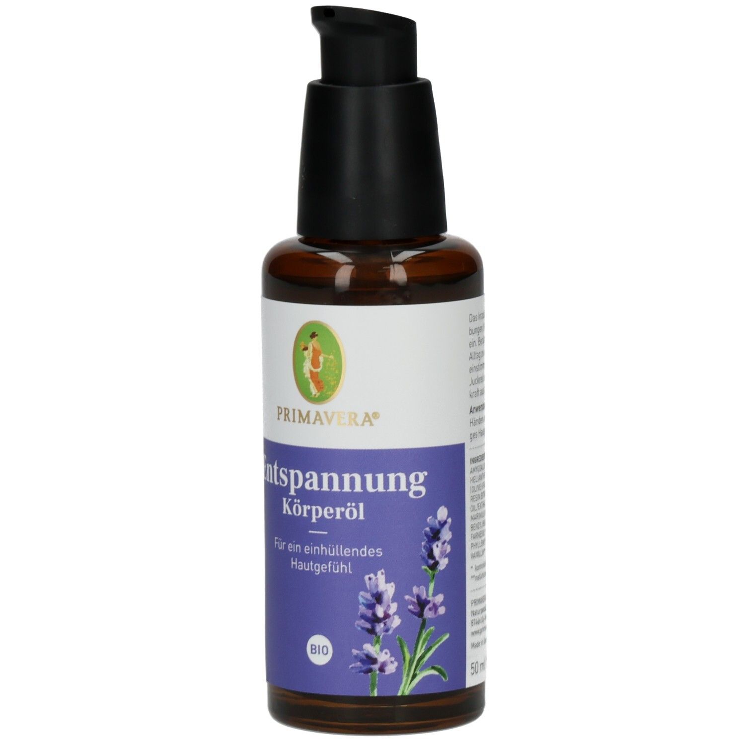 Braune Glasflasche mit schwarzem Pumpkopf. Etikett mit Produktname, Lavendel-Illustration und Bio-Siegel. Primavera Logo.