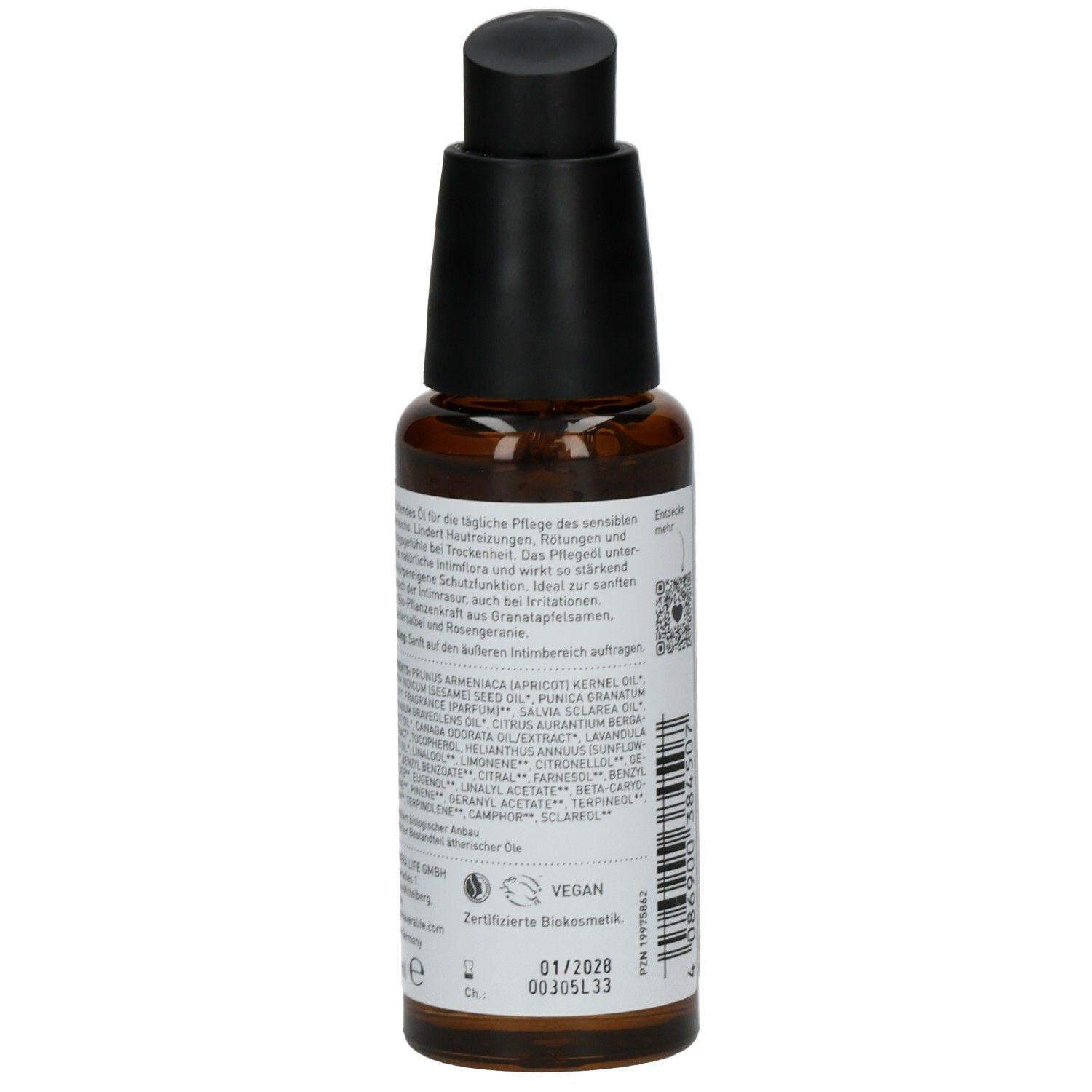 Braune Glasflasche mit schwarzem Pumpkopf. Rückseite mit Produktinformationen, Inhaltsstoffen und Zertifizierungen.