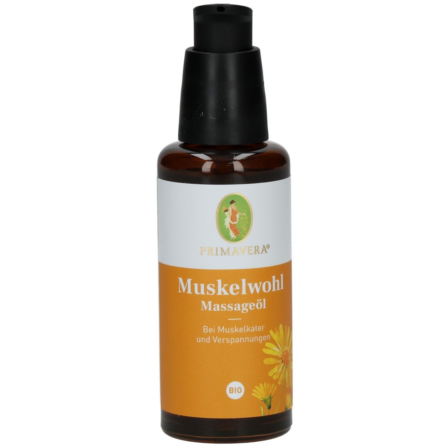 Braune Glasflasche mit schwarzem Pumpkopf. Etikett mit Produktname, Logo und Bio-Siegel. Gelber Hintergrund.