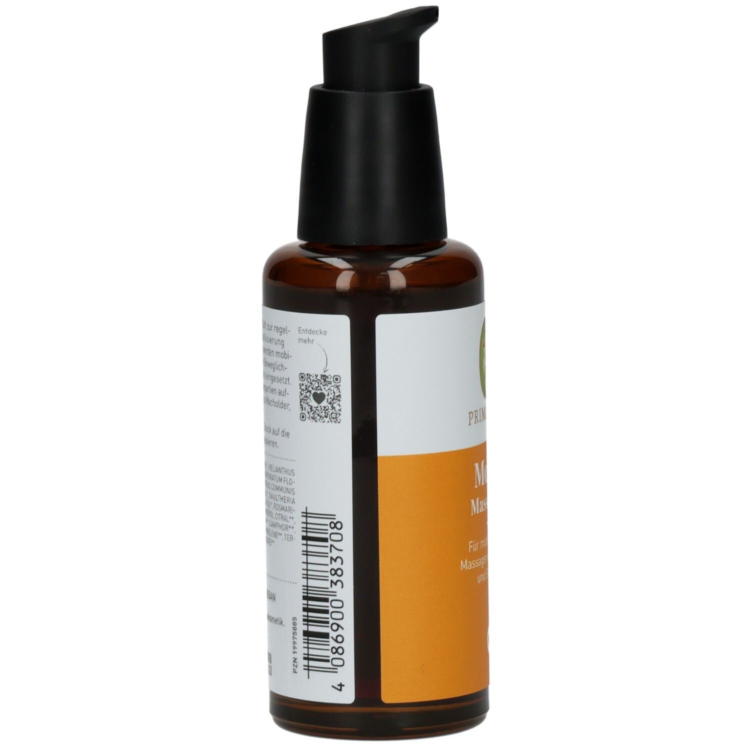 Braune Glasflasche mit schwarzem Pumpkopf. Etikett mit Barcode und Text. PRIMAVERA Mobil Massageöl. BIO-Siegel.