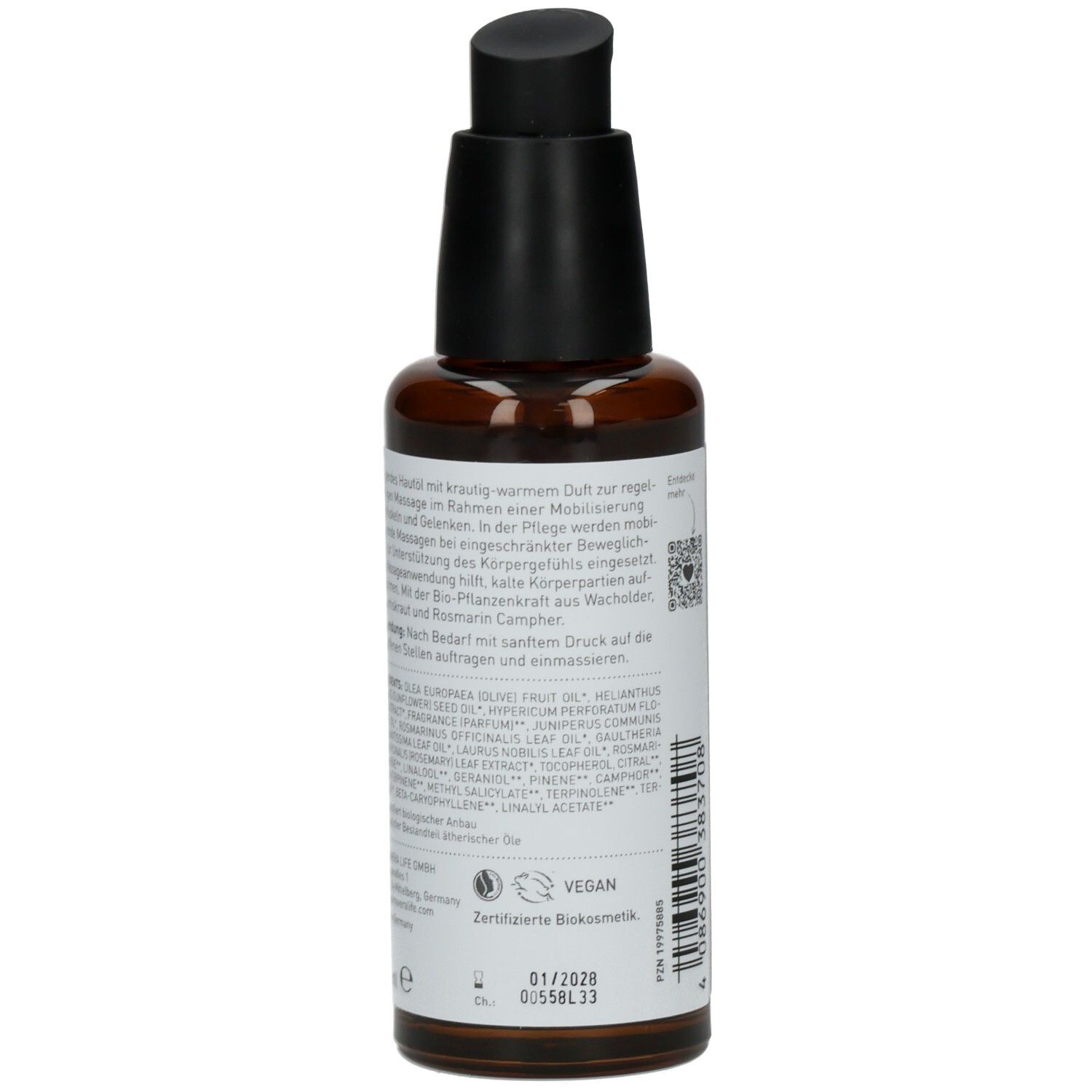 Braune Glasflasche mit schwarzem Pumpkopf. Etikett mit Text und Inhaltsstoffen. PRIMAVERA Mobil Massageöl. Vegan-Siegel.