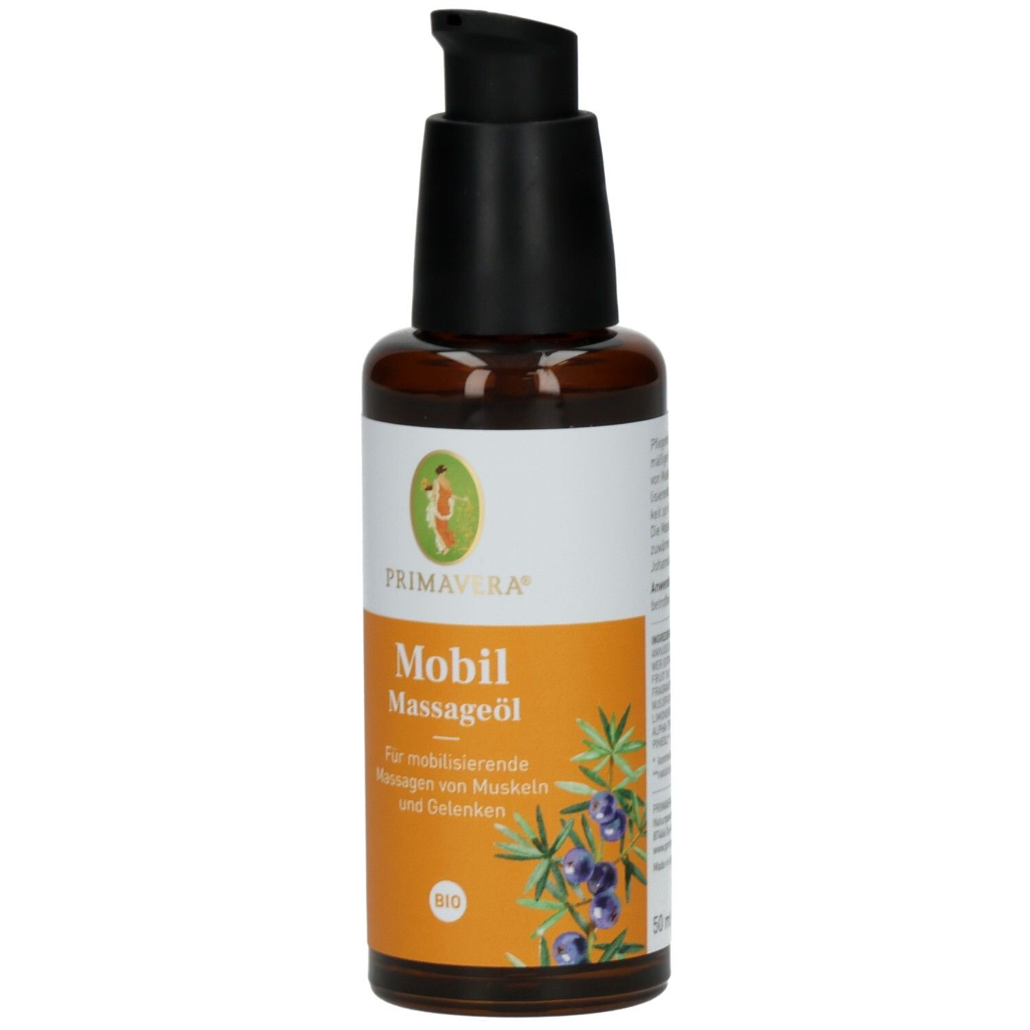 Braune Glasflasche mit schwarzem Pumpkopf. Etikett mit PRIMAVERA Logo und Produktbezeichnung Mobil Massageöl. BIO-Siegel.