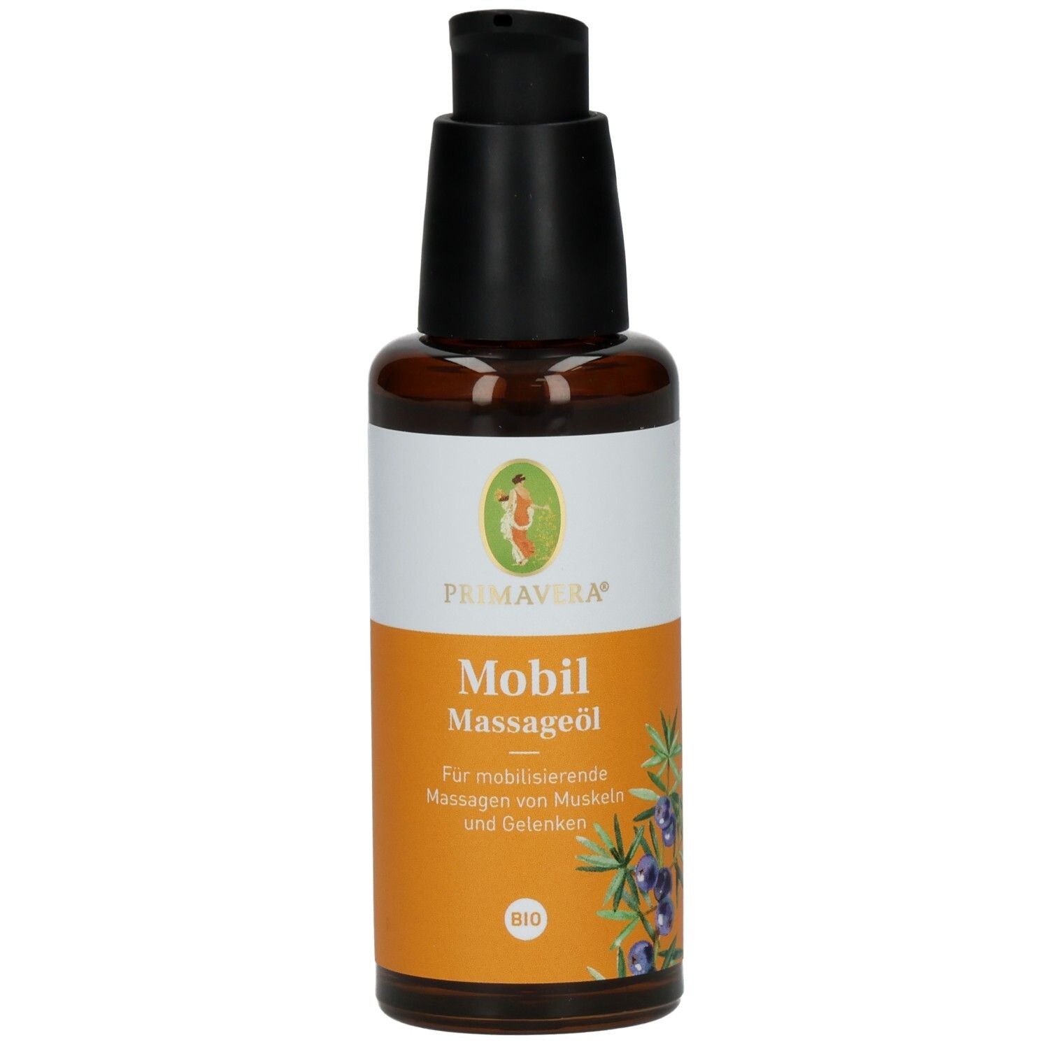 Braune Glasflasche mit schwarzem Pumpkopf. Etikett mit PRIMAVERA Logo und Produktbezeichnung Mobil Massageöl. BIO-Siegel.