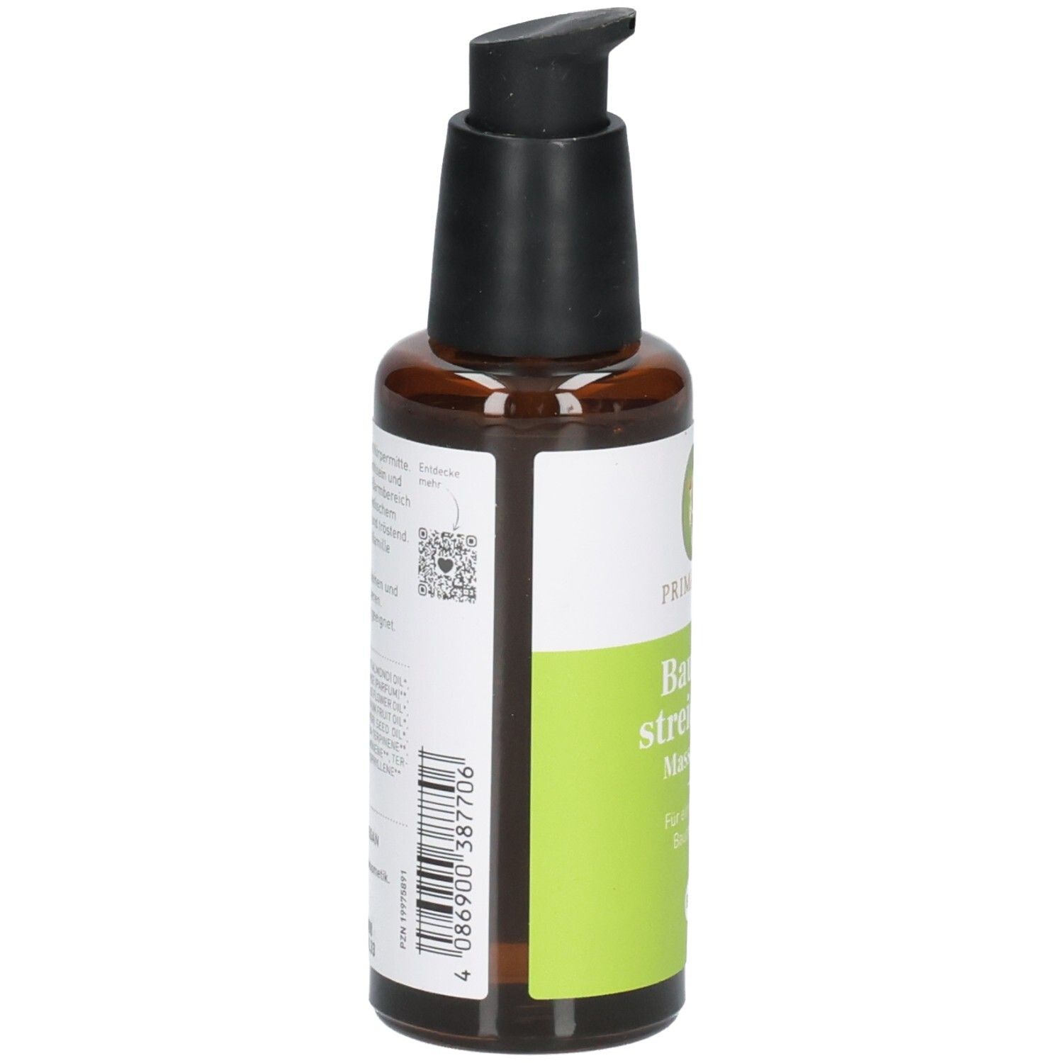 Rückseite einer Flasche Bauch-streichler Massageöl mit Barcode und QR-Code.