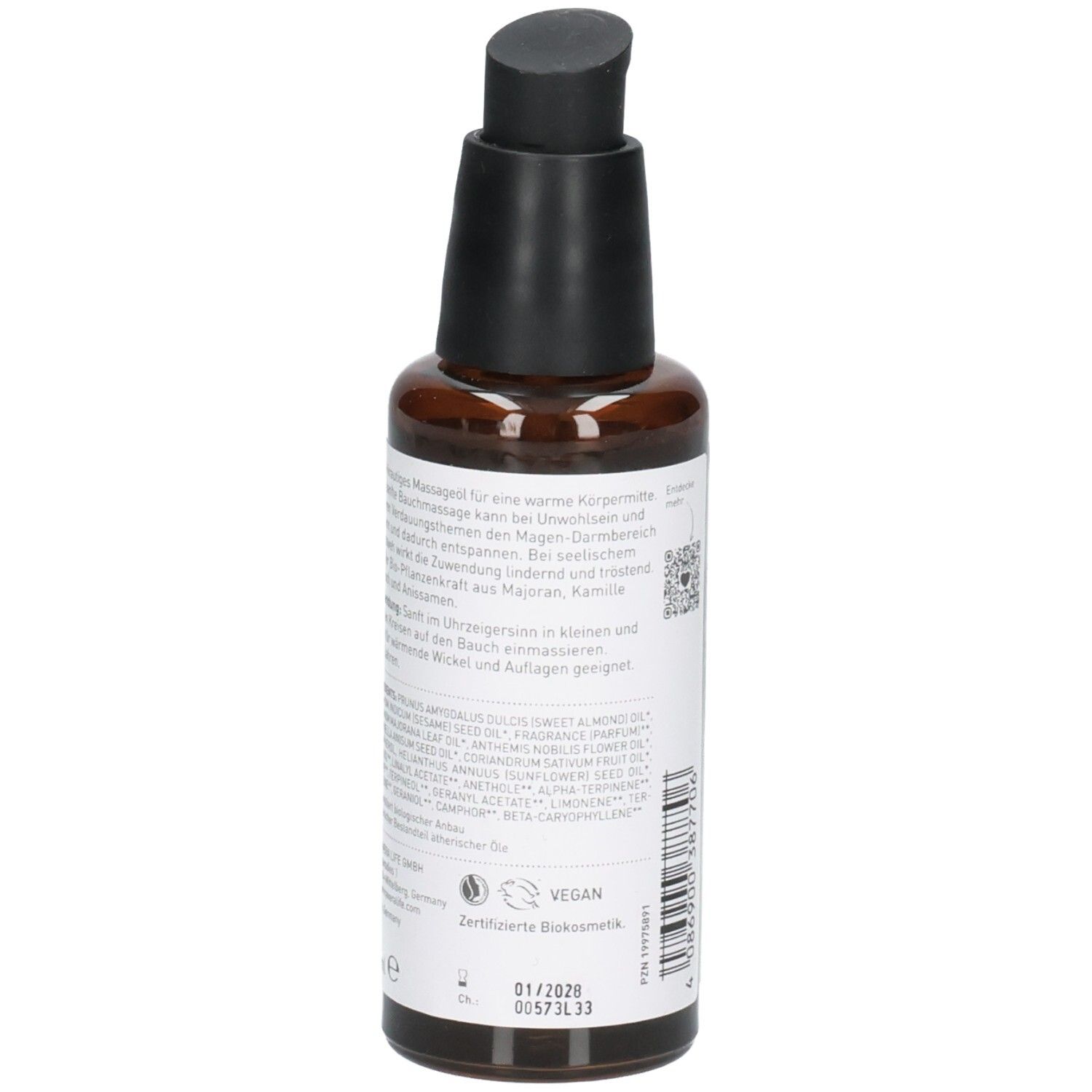 Rückseite einer Flasche Bauch-streichler Massageöl mit Inhaltsstoffen und Siegeln.