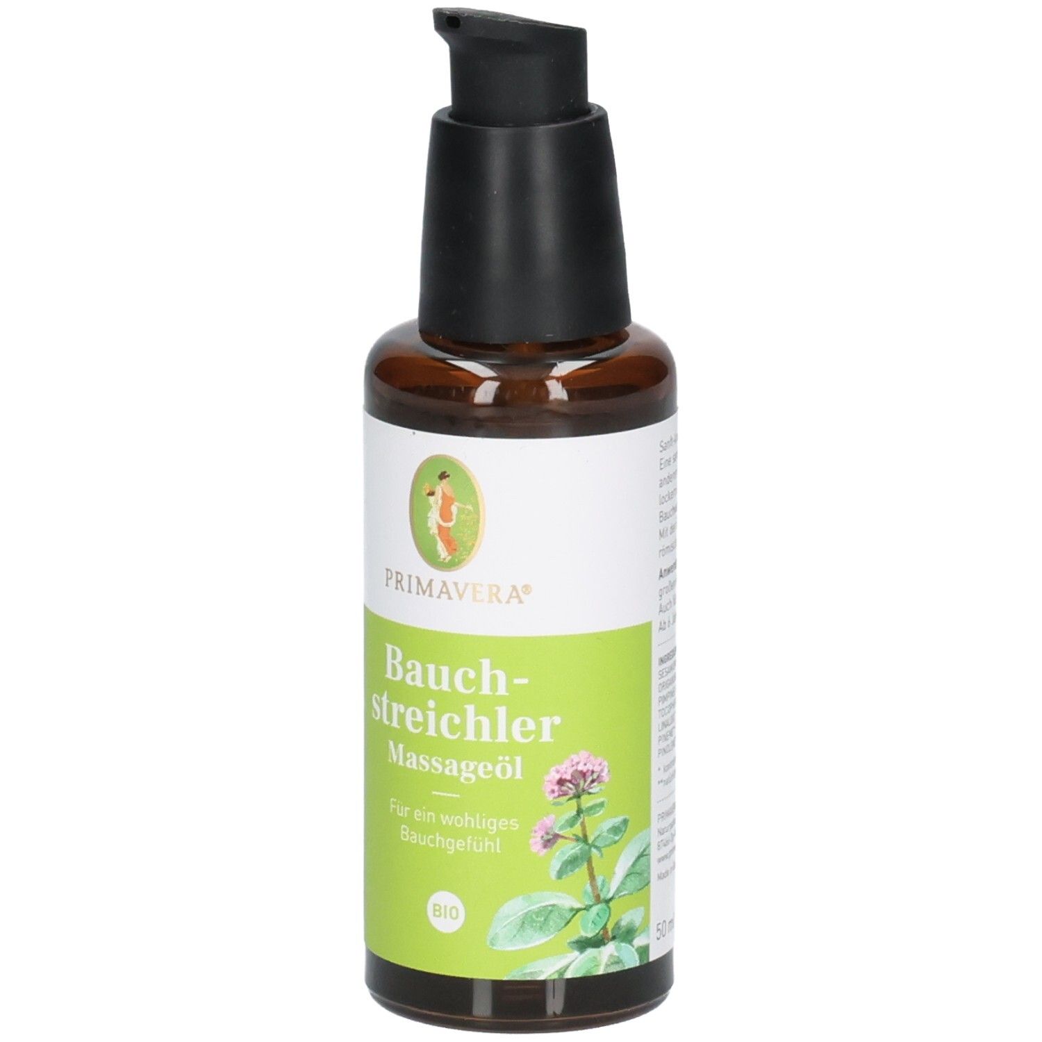 Flasche Bauch-streichler Massageöl mit Pumpspender und Etikett mit Kräutermotiv.