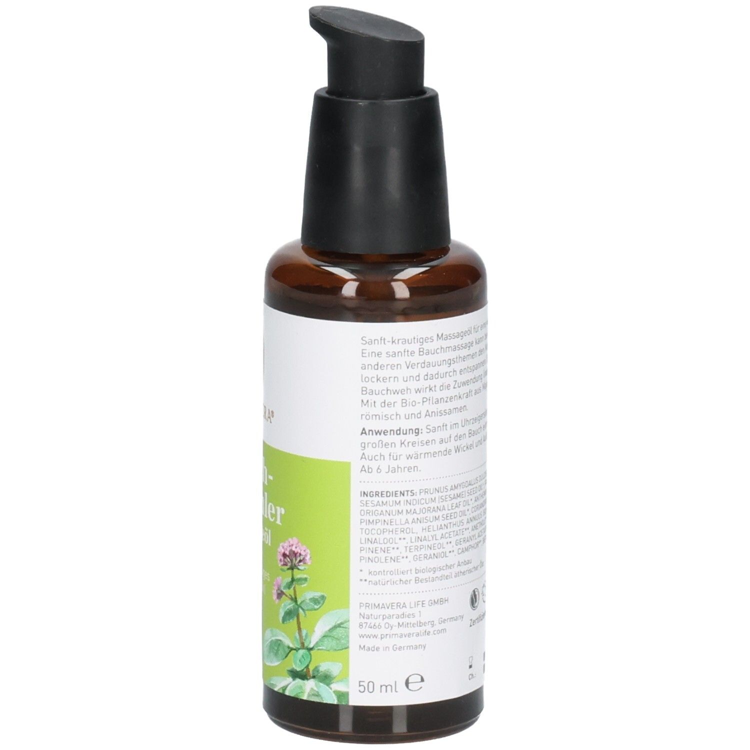 Flasche Bauch-streichler Massageöl mit Pumpspender, Etikett mit Kräutern und "BIO"-Siegel.
