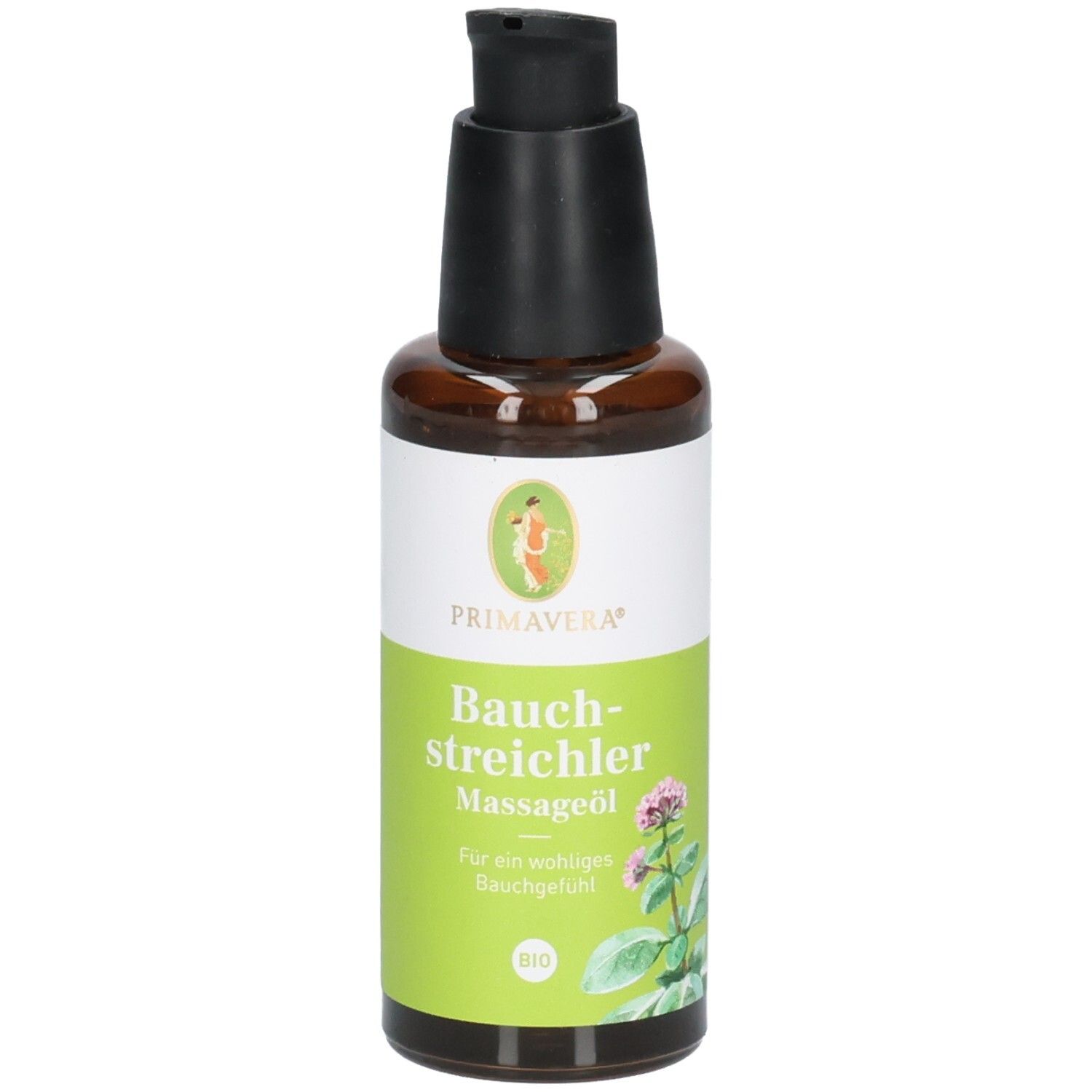 Flasche Bauch-streichler Massageöl mit Pumpspender, Etikett mit Kräutern und "50 ml" Angabe.