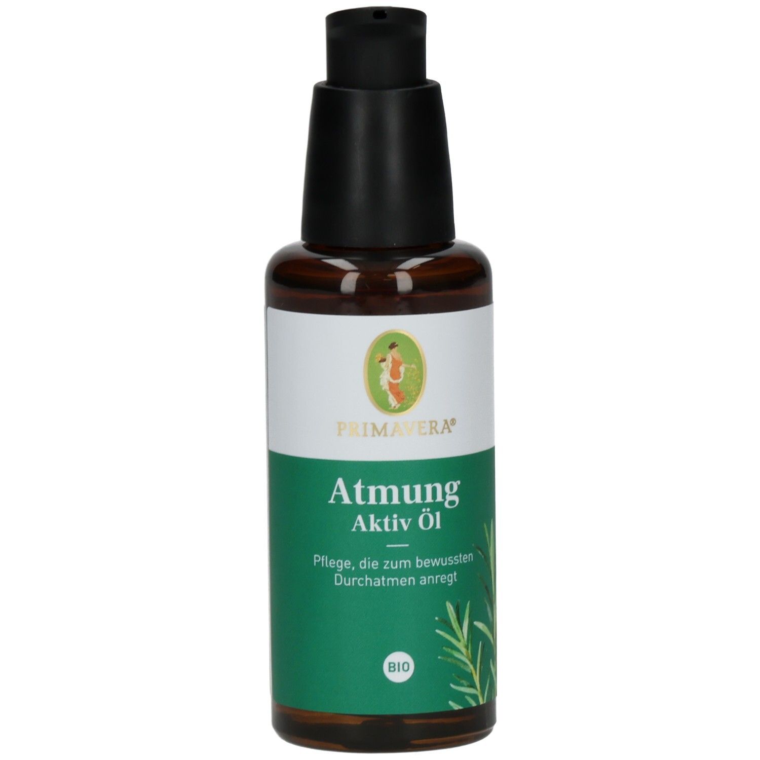 Braune Glasflasche mit schwarzem Pumpkopf. Etikett mit Produktnamen und Logo. BIO-Zertifizierung.