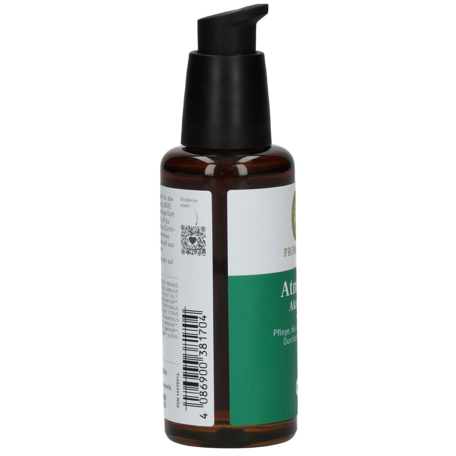 Braune Glasflasche mit schwarzem Pumpkopf. Etikett mit Text und Barcode. Rückansicht.