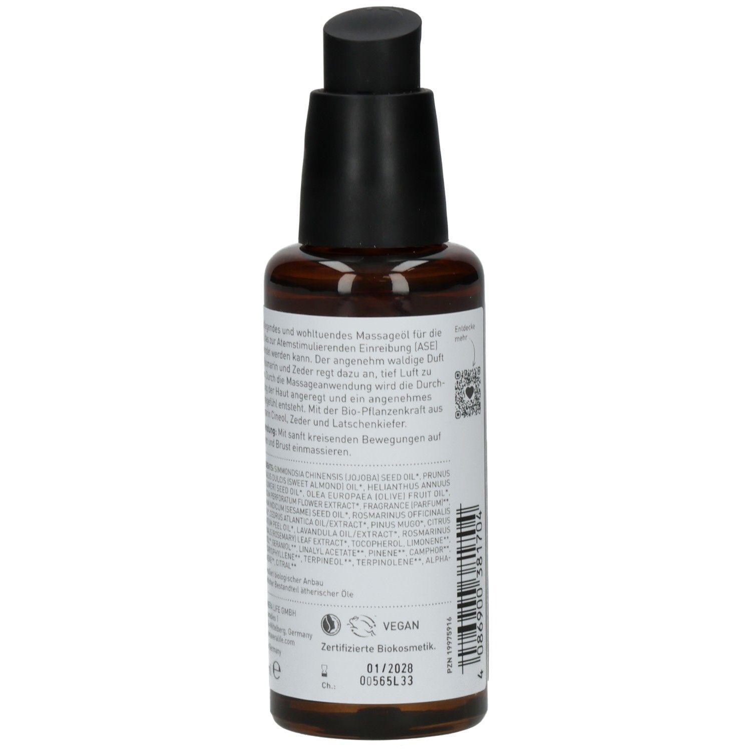 Braune Glasflasche mit schwarzem Pumpkopf. Etikett mit Text und Zertifizierungen. Vegan-Logo.