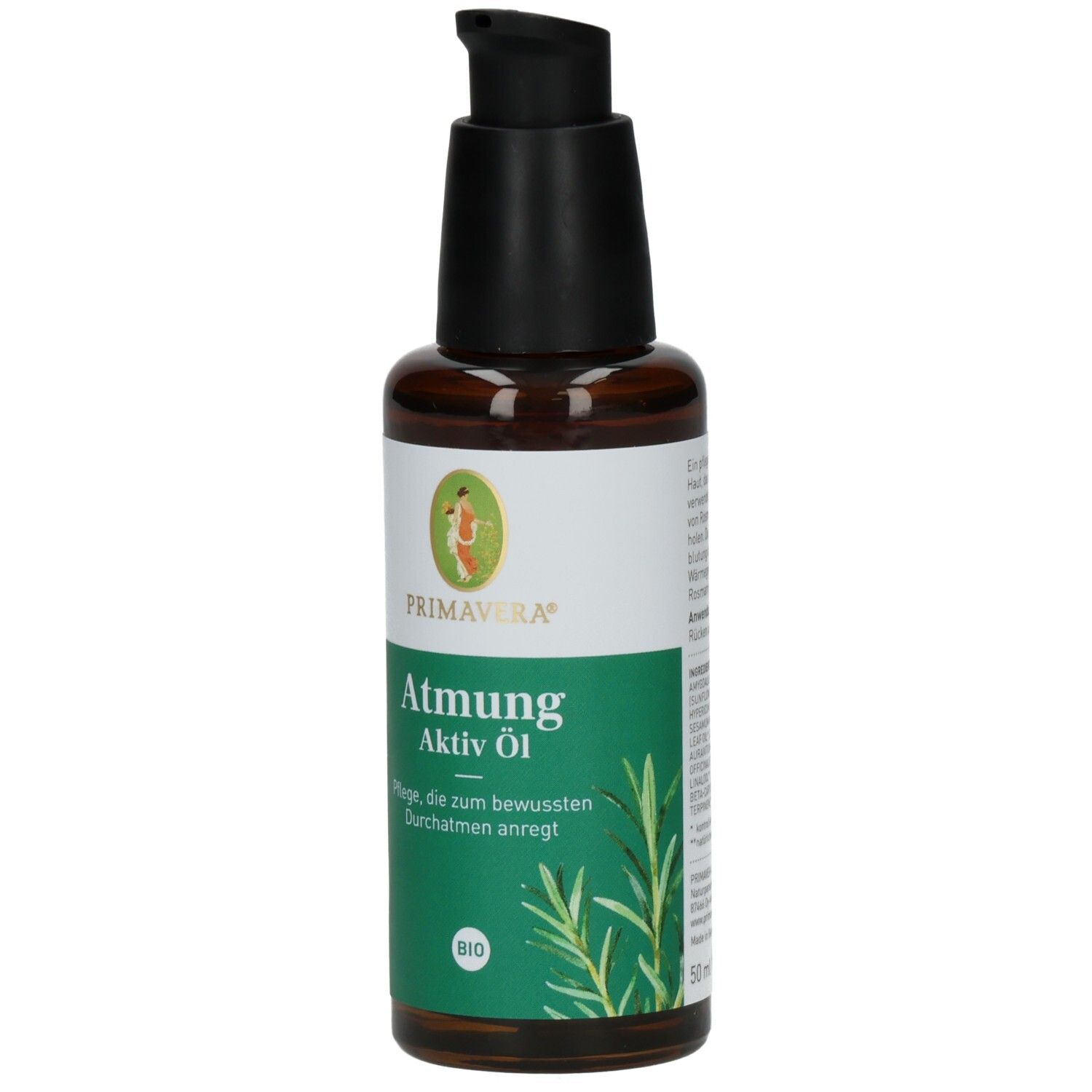 Braune Glasflasche mit schwarzem Pumpkopf. Etikett mit Produktnamen und Logo. BIO-Zertifizierung.