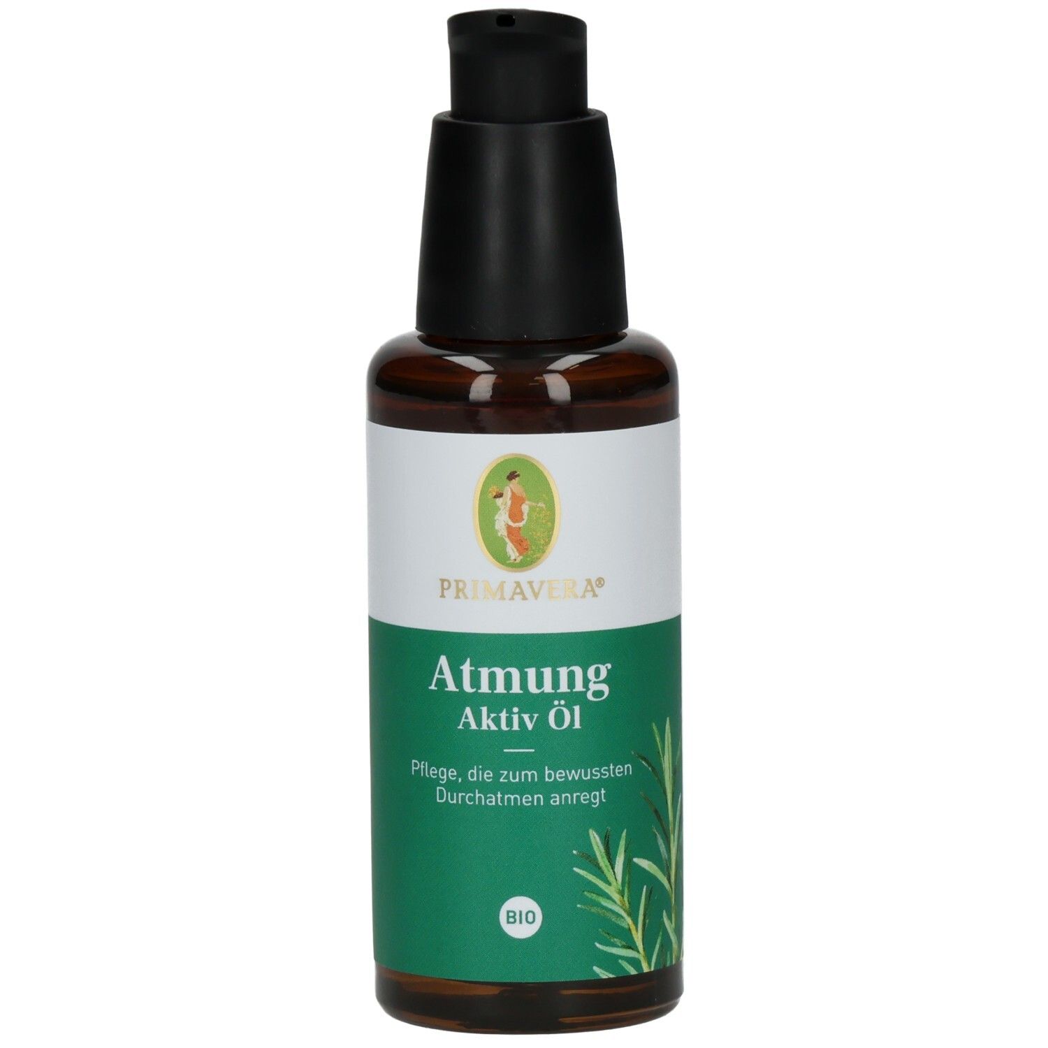 Braune Glasflasche mit schwarzem Pumpkopf. Etikett mit Produktnamen und Logo. BIO-Zertifizierung.