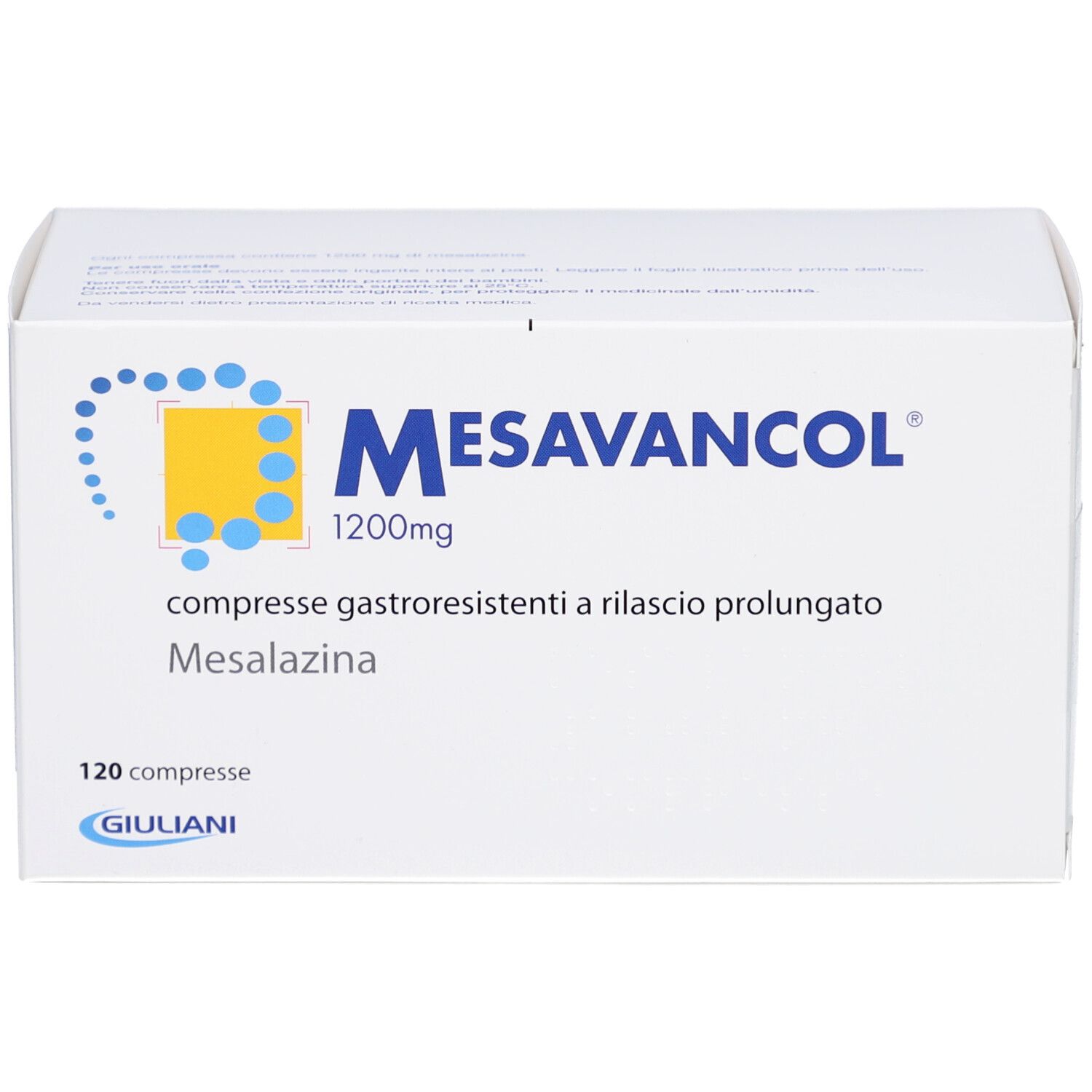 Weiße Schachtel mit MESAVANCOL-Logo und Schriftzug. Enthält 120 Tabletten. Aufschrift: 1200 mg, compresse gastroresistenti a rilascio prolungato.