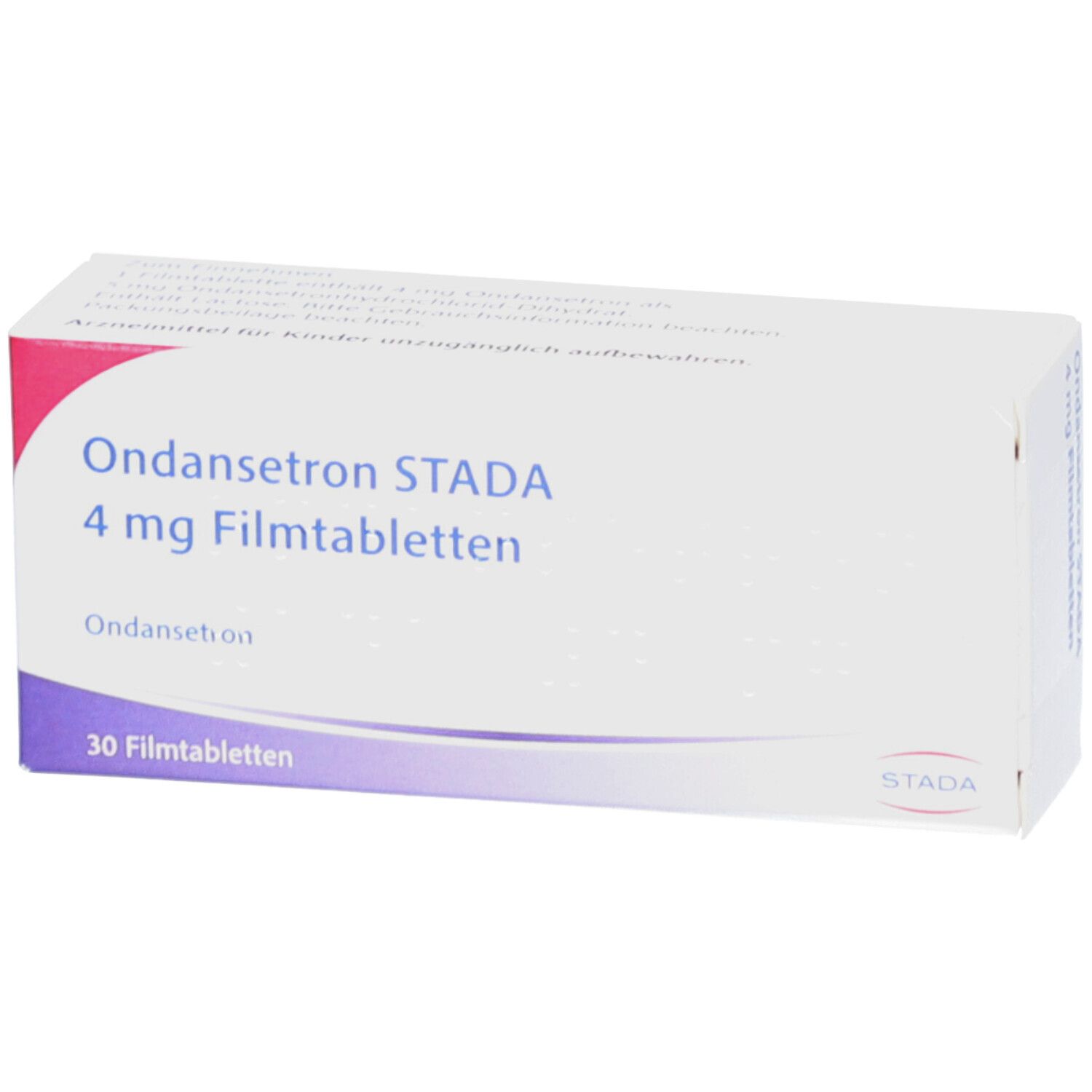 Ondansetron STADA 4 mg Filmtabletten-Packung. Weiße Schachtel mit rotem und violettem Akzent. Text: 30 Filmtabletten, STADA.