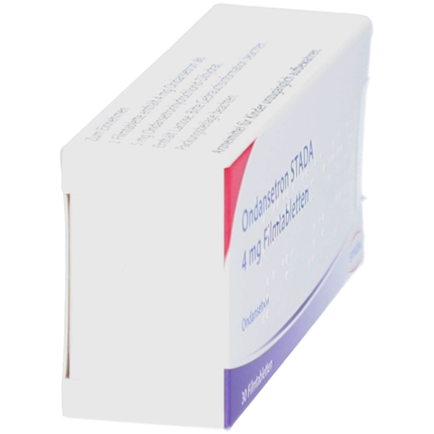 Ondansetron STADA 4 mg Filmtabletten-Packung. Weiße Schachtel mit rotem und violettem Akzent. Seitenansicht.