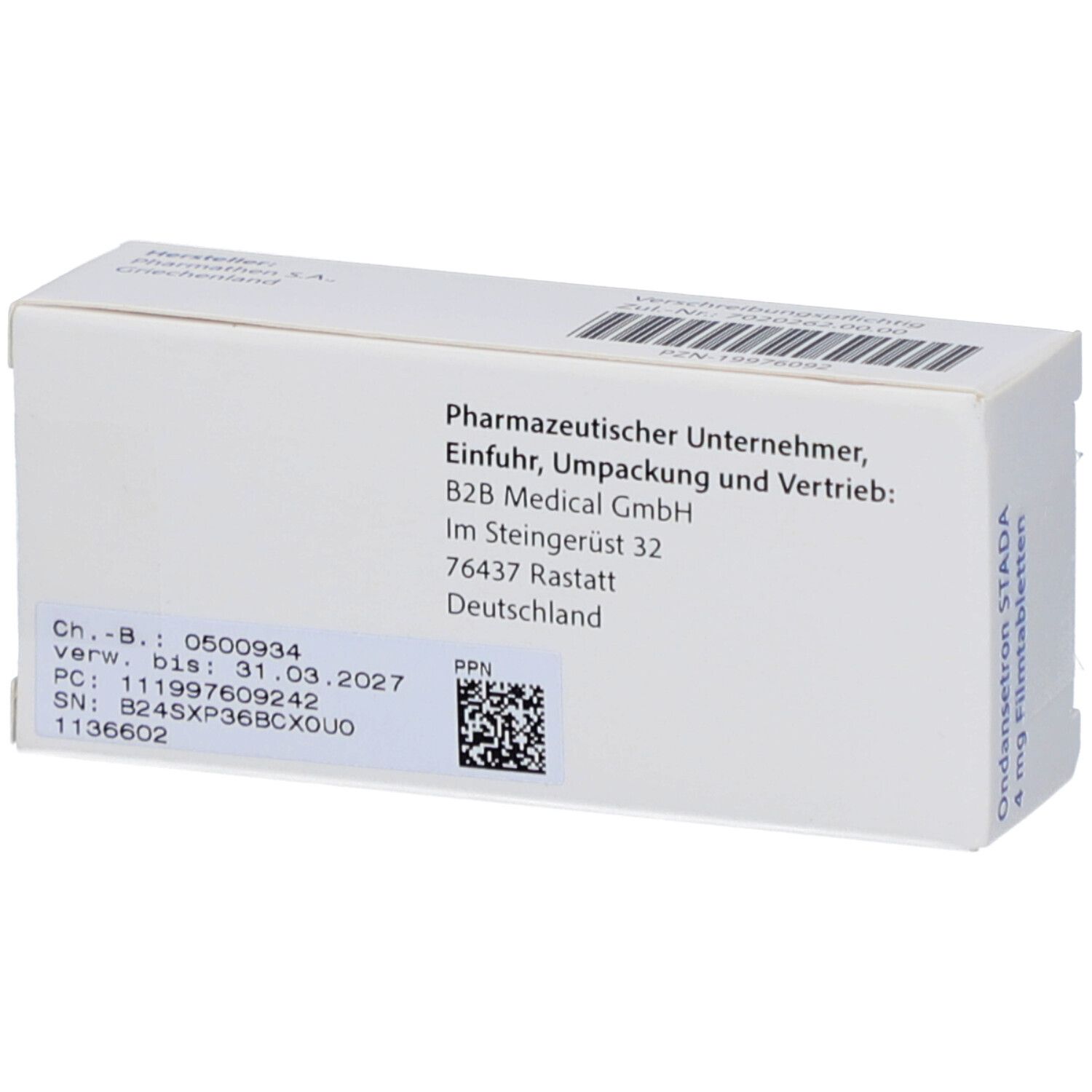 Rückseite der Ondansetron STADA 4 mg Filmtabletten-Packung. Text: Pharmazeutischer Unternehmer, B2B Medical GmbH, Chargen- und Verfallsdatum, QR-Code.